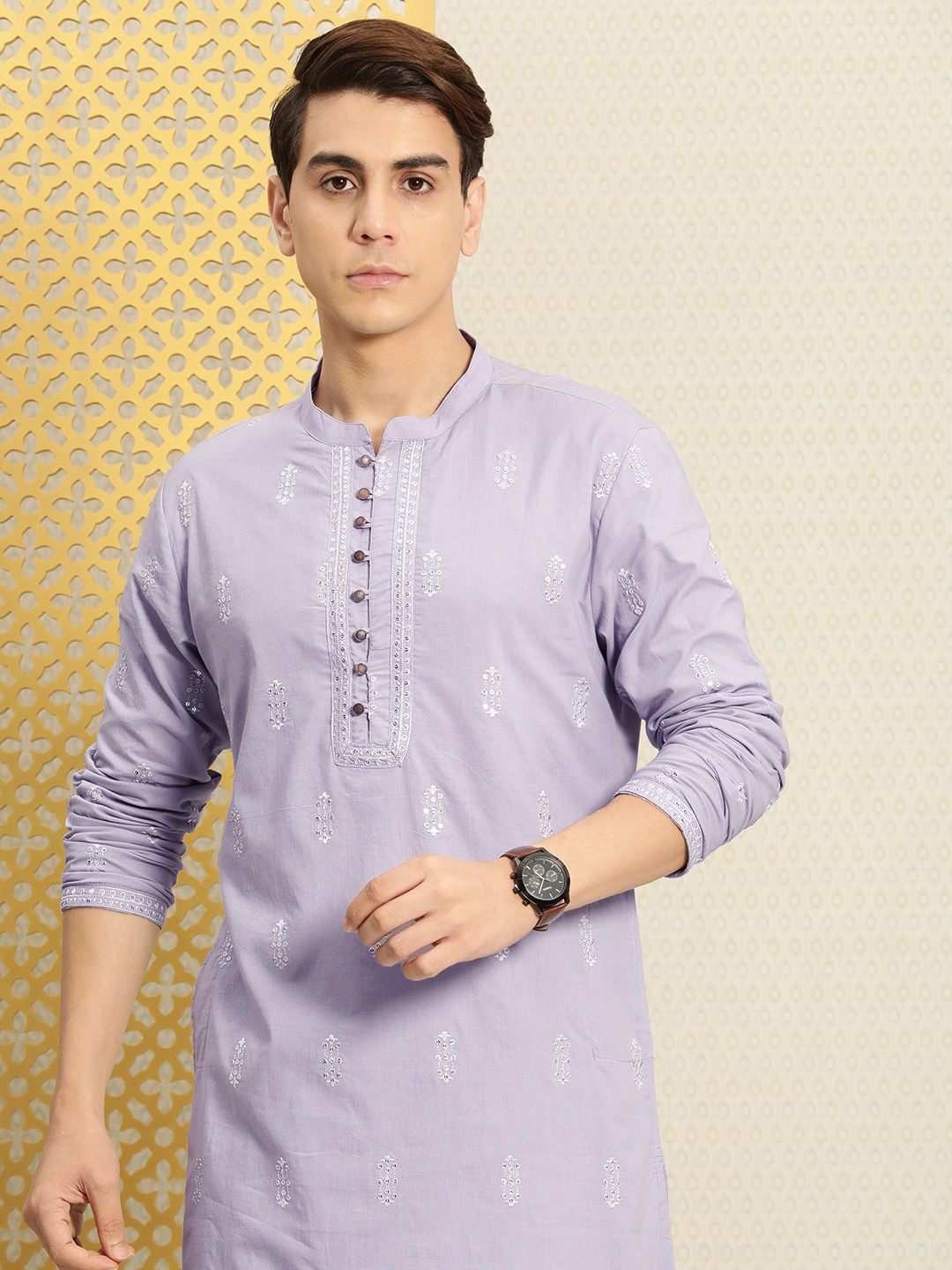 

House of Pataudi Ethnic Motifs Embroidered Pure Cotton Jashn Sequinned Kurta, Lavender