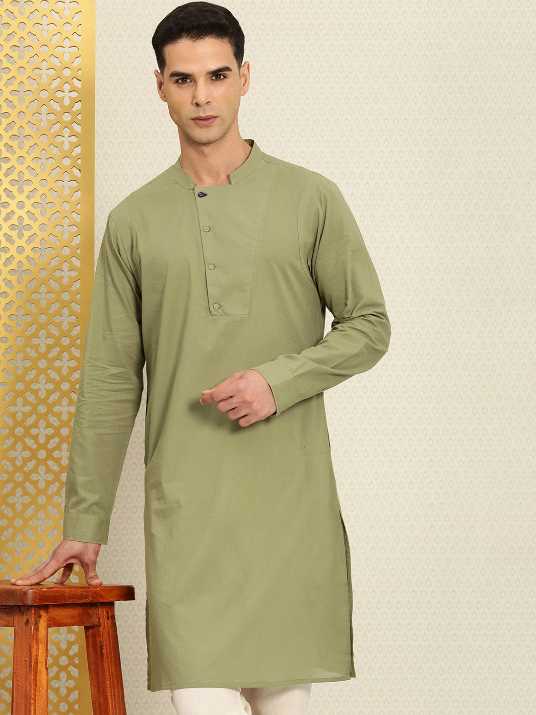 

House of Pataudi Solid Mandarin-Collar Pure Cotton Rozana Kurta, Olive