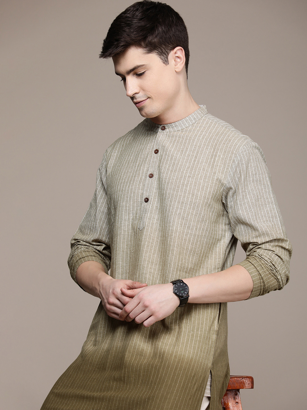 

House of Pataudi Striped Ombre Jashn Kurta, Olive