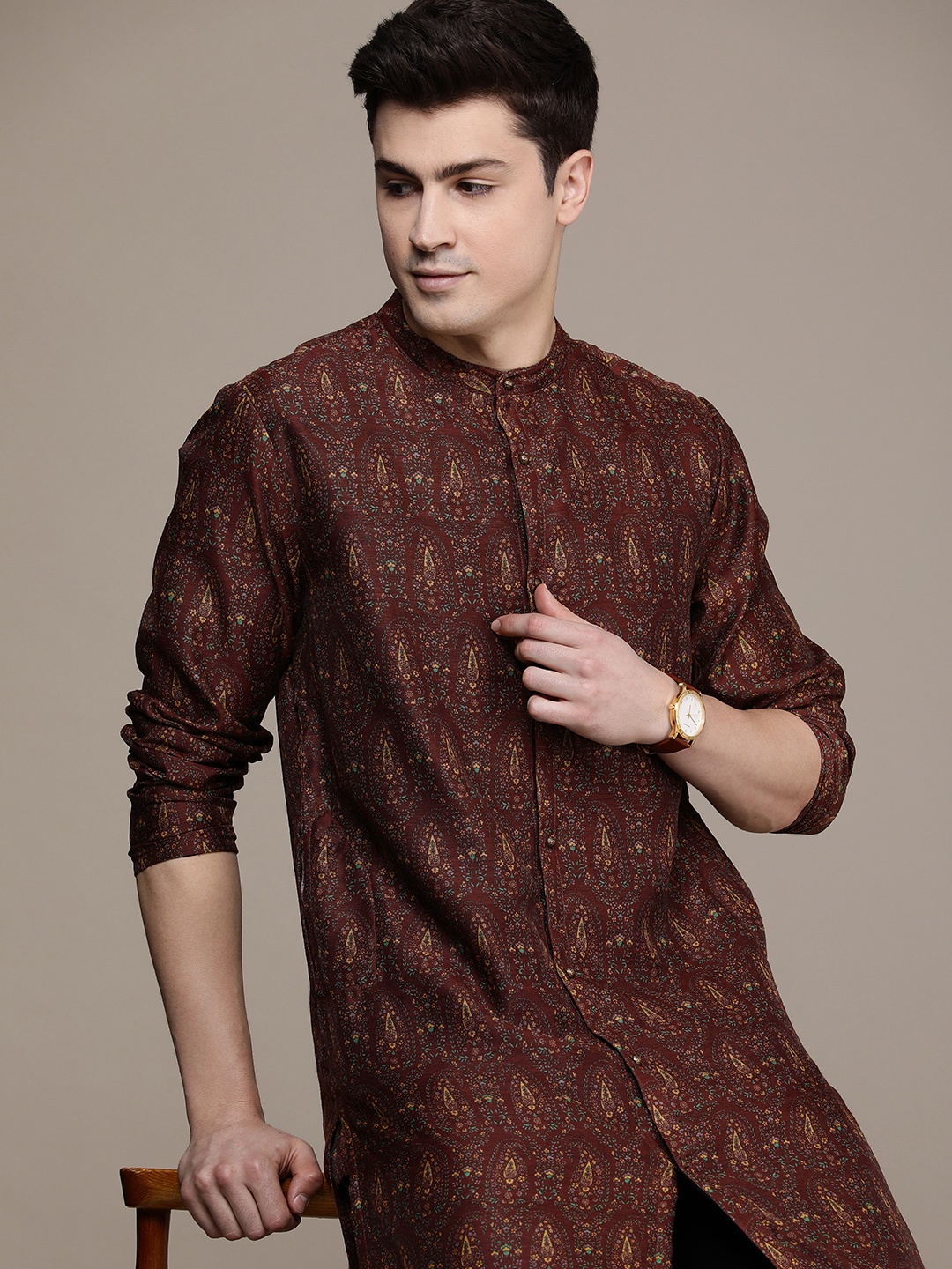 

House of Pataudi Ethnic Motifs Printed Jashn Kurta, Brown