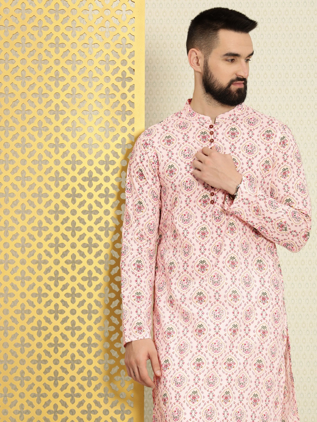 

House of Pataudi Pure Cotton Ethnic Motifs Printed Jashn Kurta, Pink