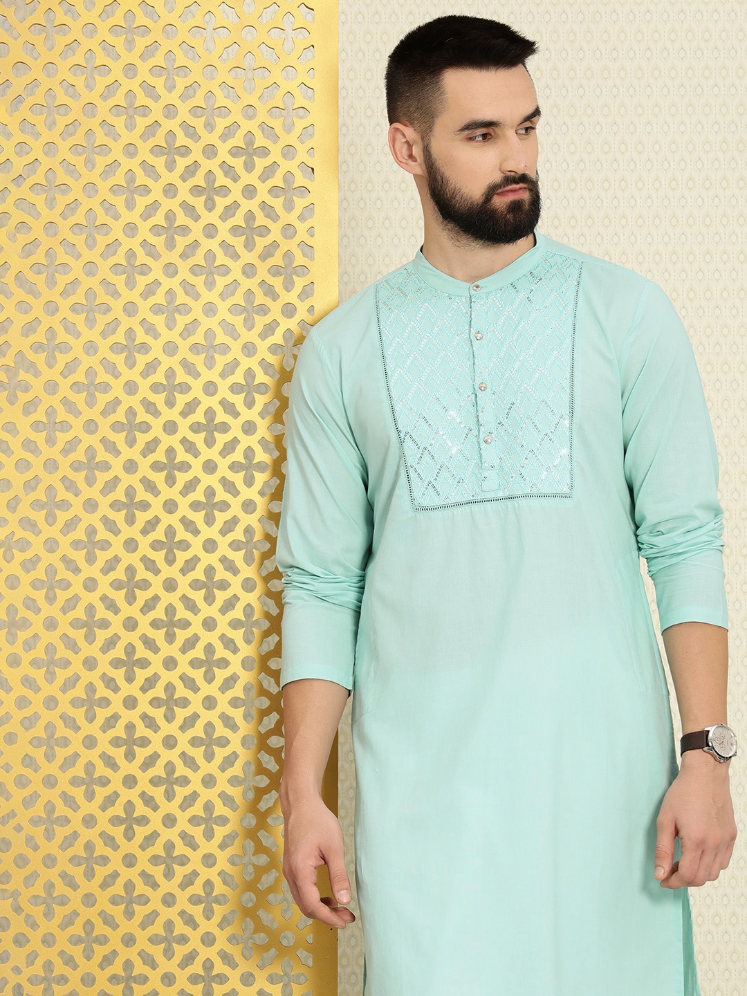 

House of Pataudi Pure Cotton Sequin Embellished Jashn Kurta, Turquoise blue