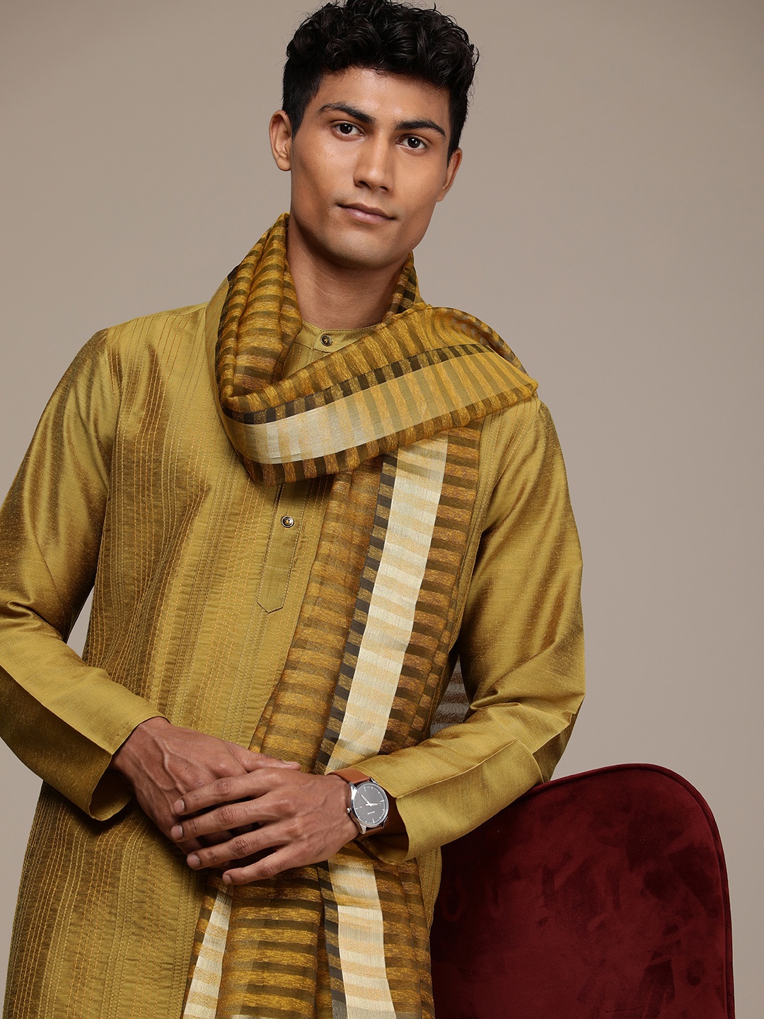 

House of Pataudi Embroidered Regular Thread Work Jashn Kurta with Churidar & Dupatta, Mustard