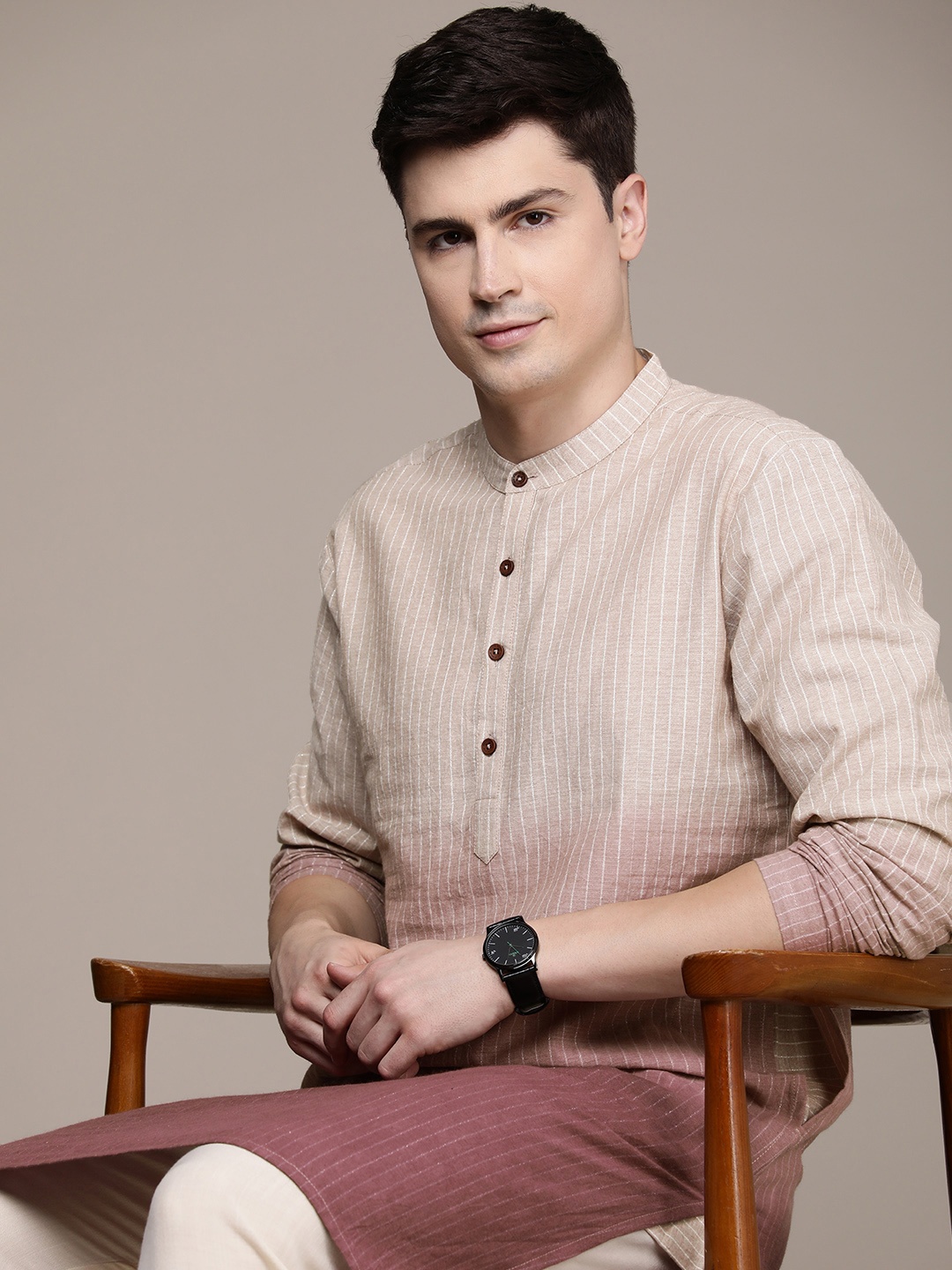 

House of Pataudi Striped Ombre Jashn Kurta, Beige