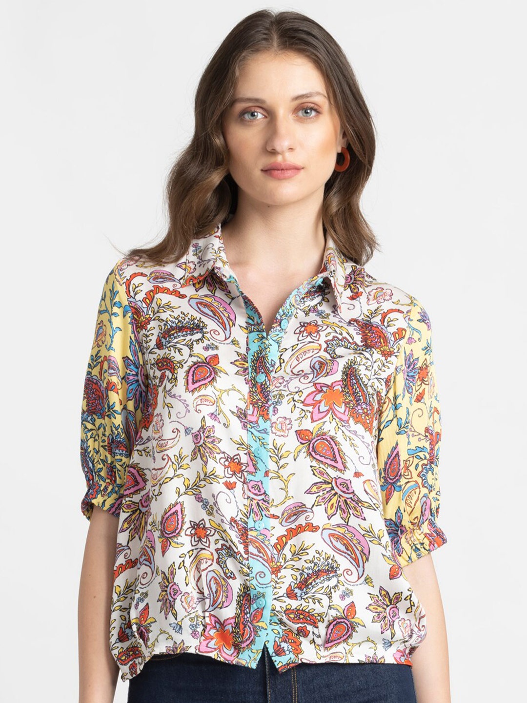 

SHAYE Classic Floral Printed Puffed Sleeves Casual Shirt, White