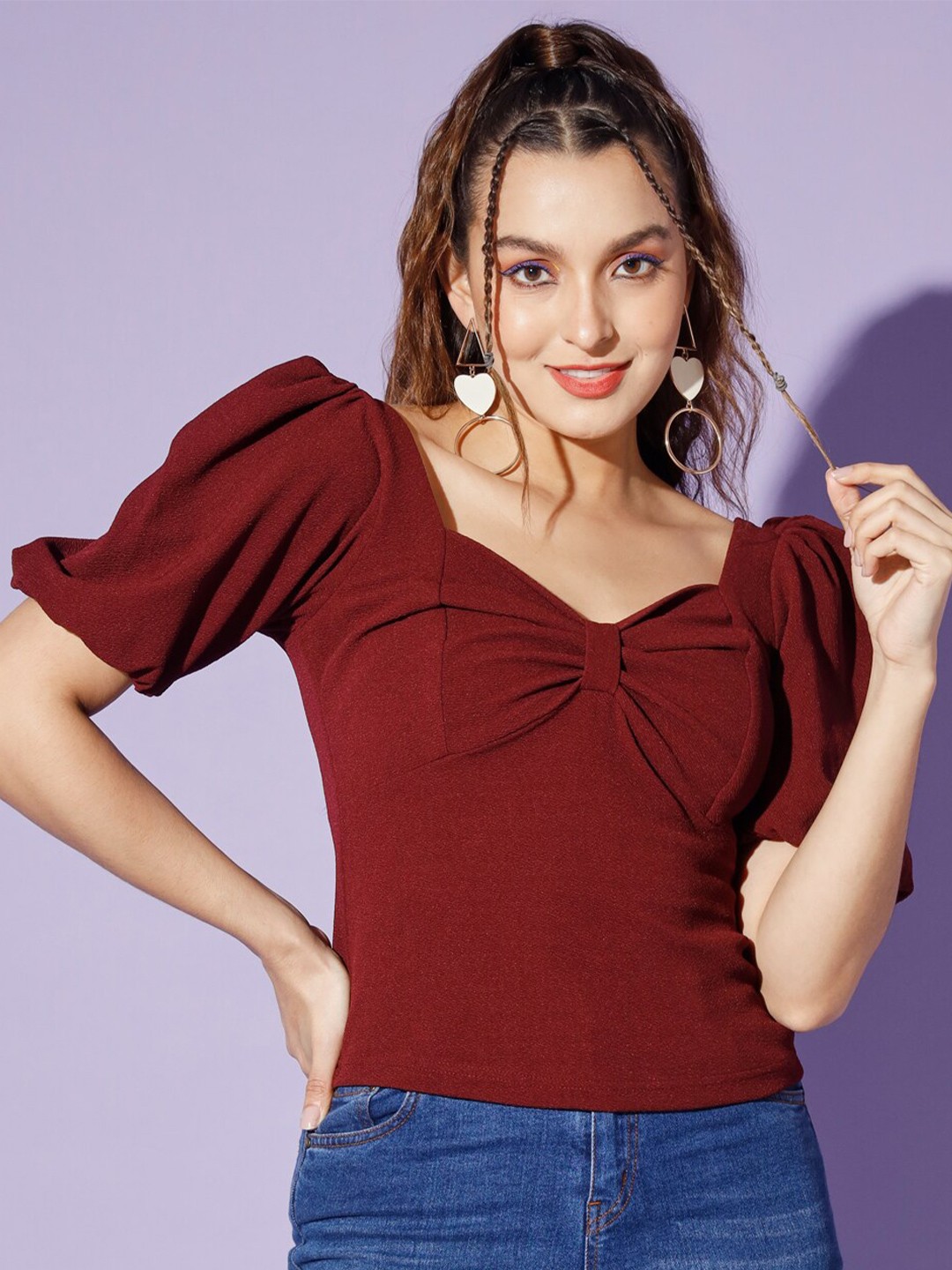 

WoowZerz Sweatheart Neck Puff Sleeves Top, Burgundy