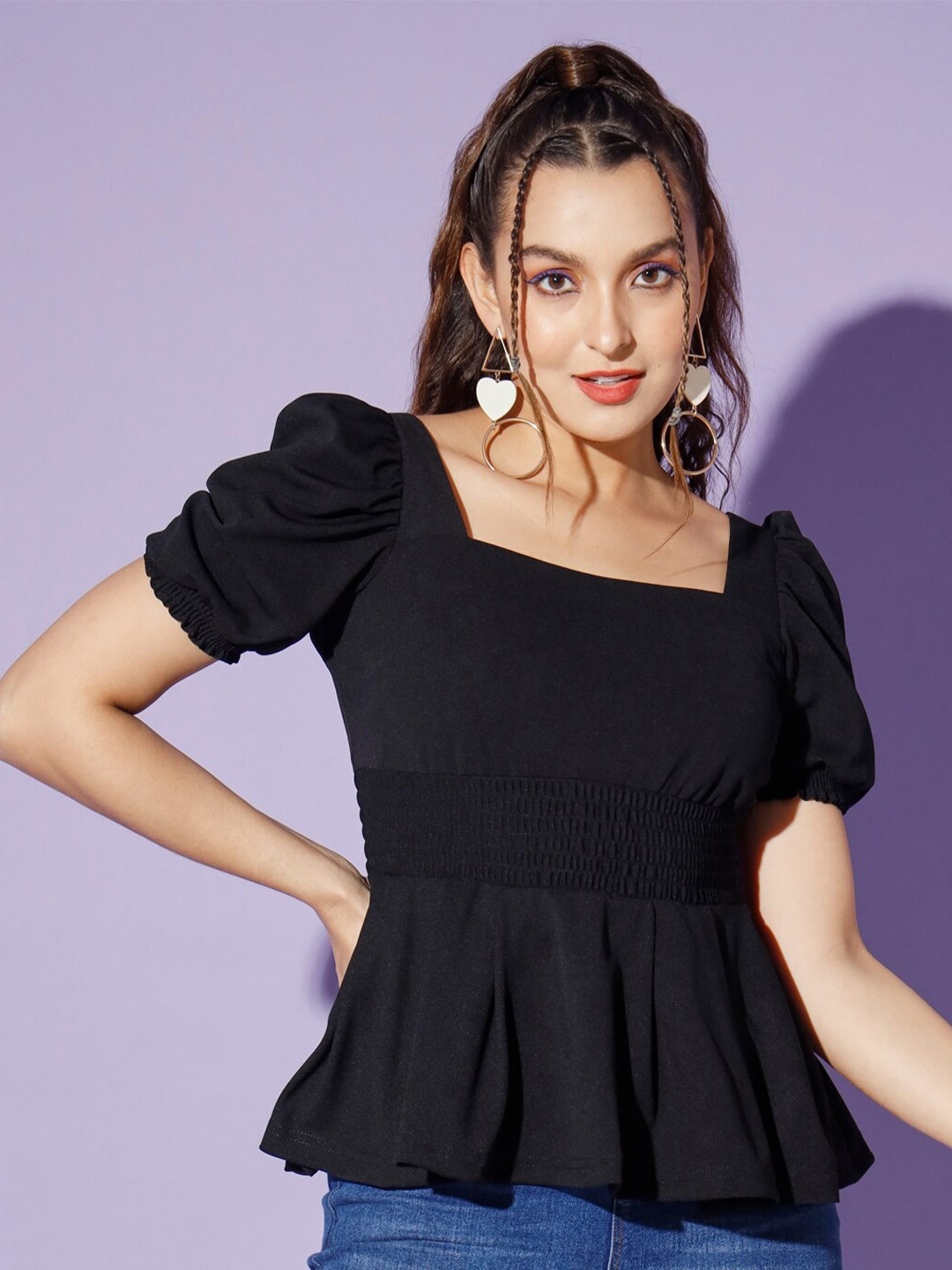 

WoowZerz Square Neck Puff Sleeve Smocked Peplum Top, Black