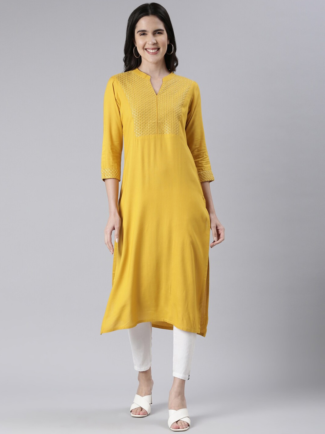 

Neerus Women Cotton Thread Work Straight Kurta, Mustard