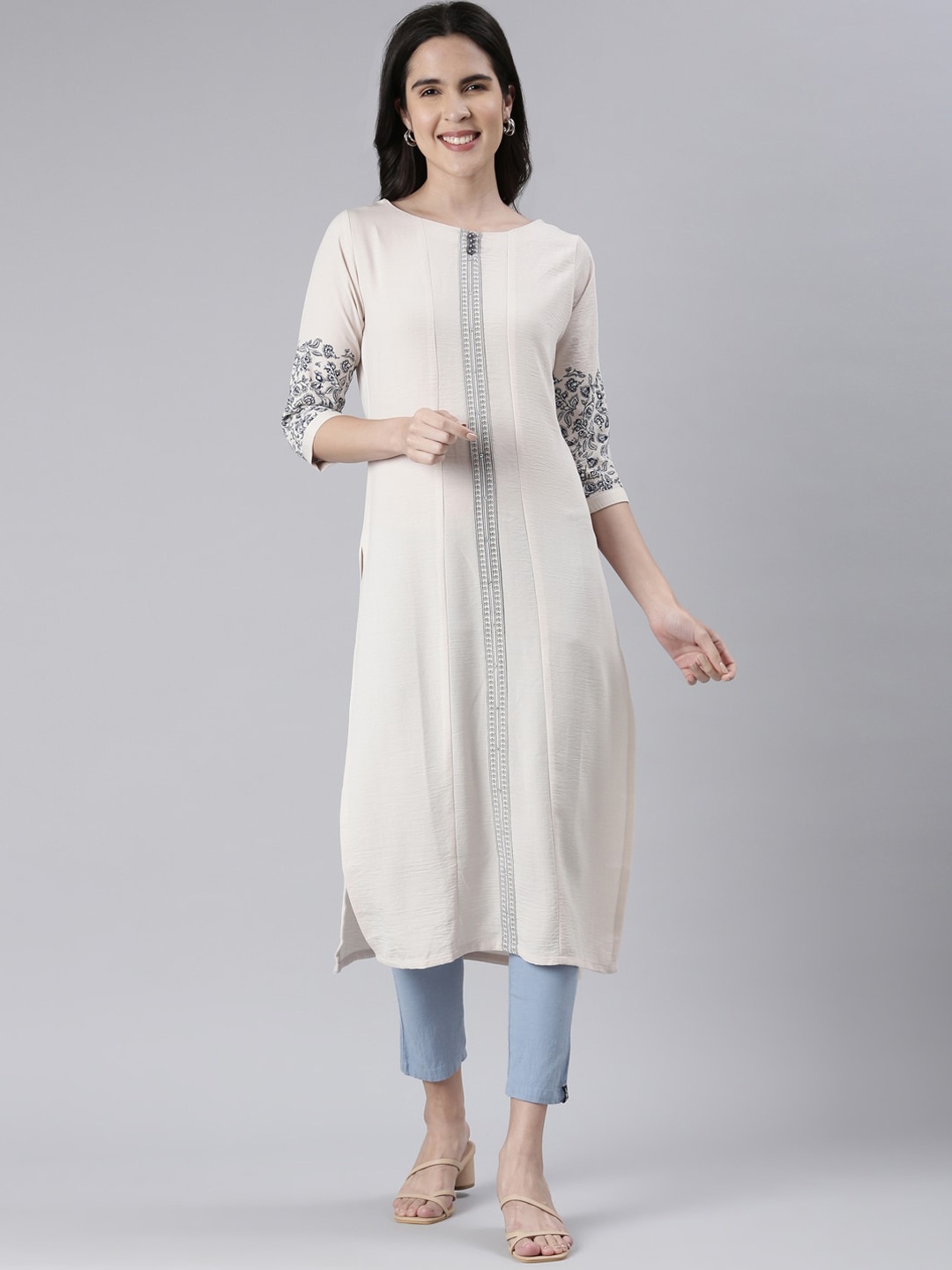 

Neerus Floral Printed Sequined Boat Neck Curved Cotton Kurta, Off white