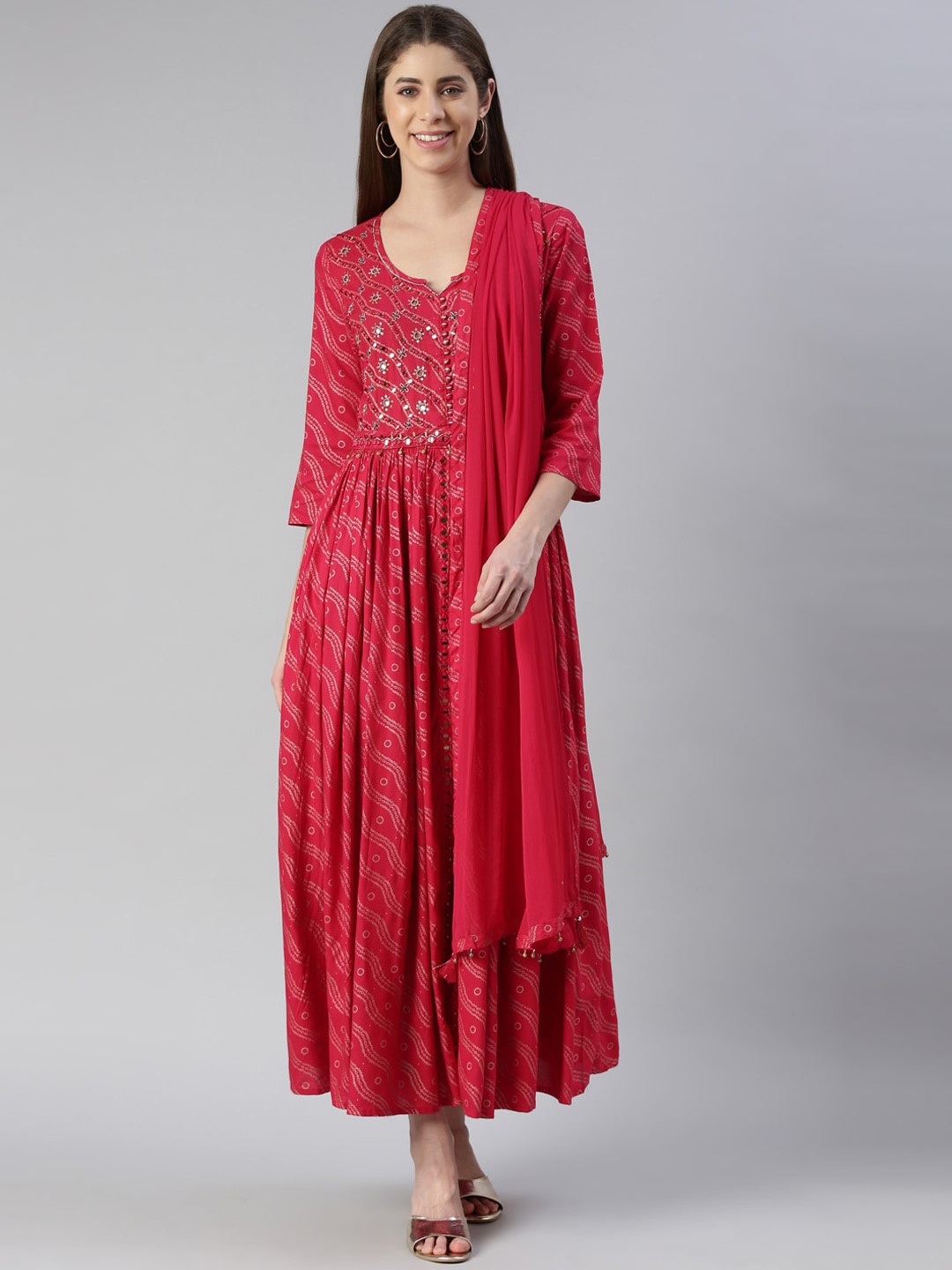 

Neerus Ethnic Motifs Printed Maxi Ethnic Dress, Pink