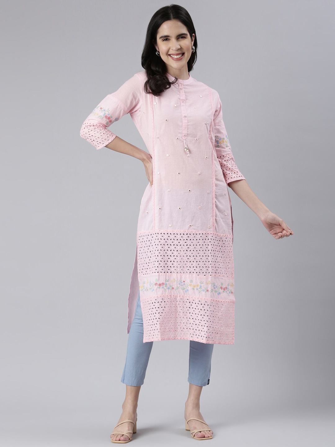 

Neerus Ethnic Motifs Embroidered Mirror Work Panelled Cotton Kurta, Pink