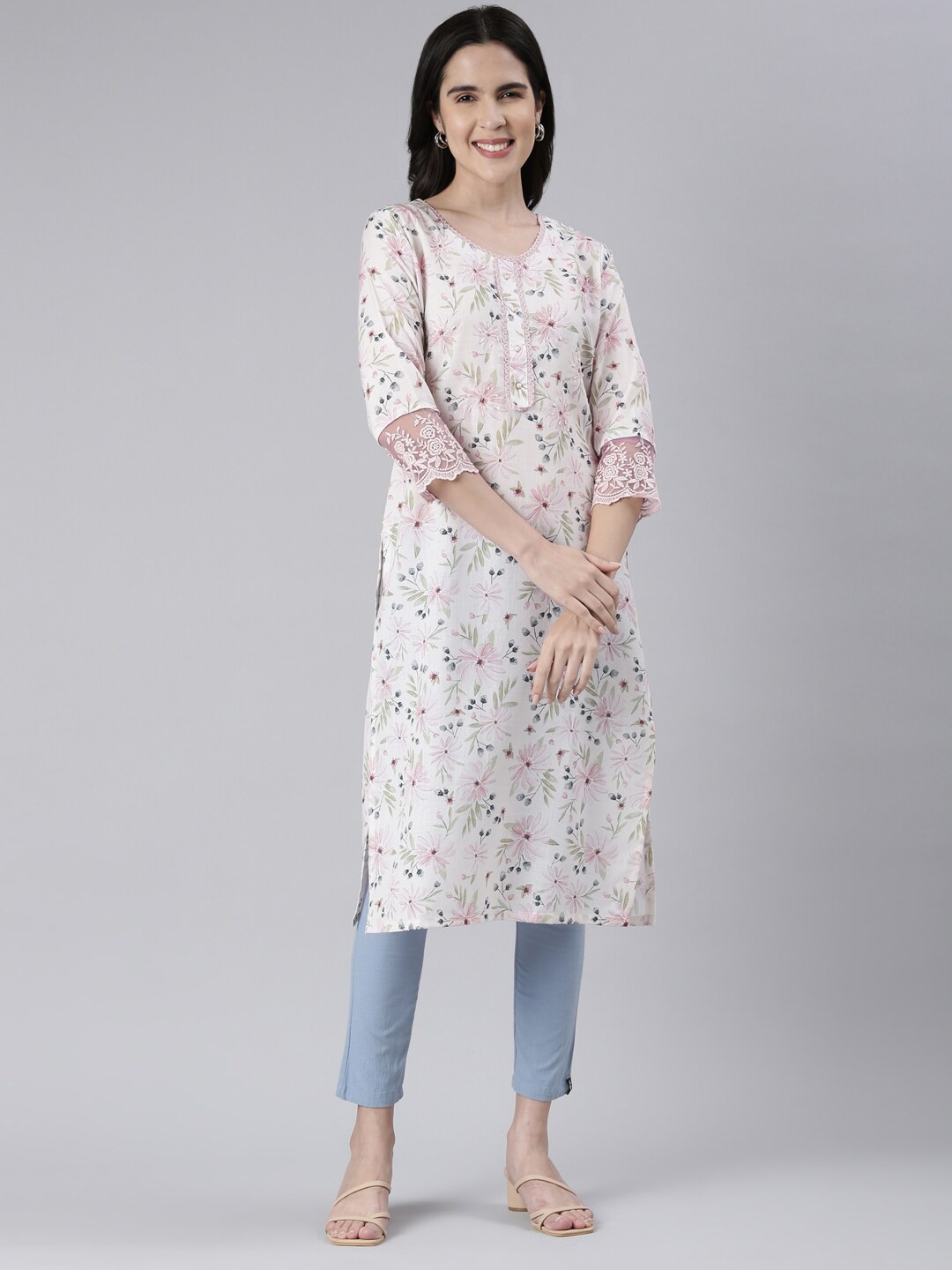 

Neerus Floral Printed Round Neck Cotton Straight Kurta, Off white