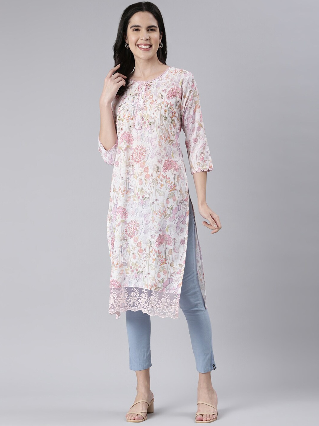 

Neerus Floral Printed Round Neck Cotton Straight Kurta, Off white