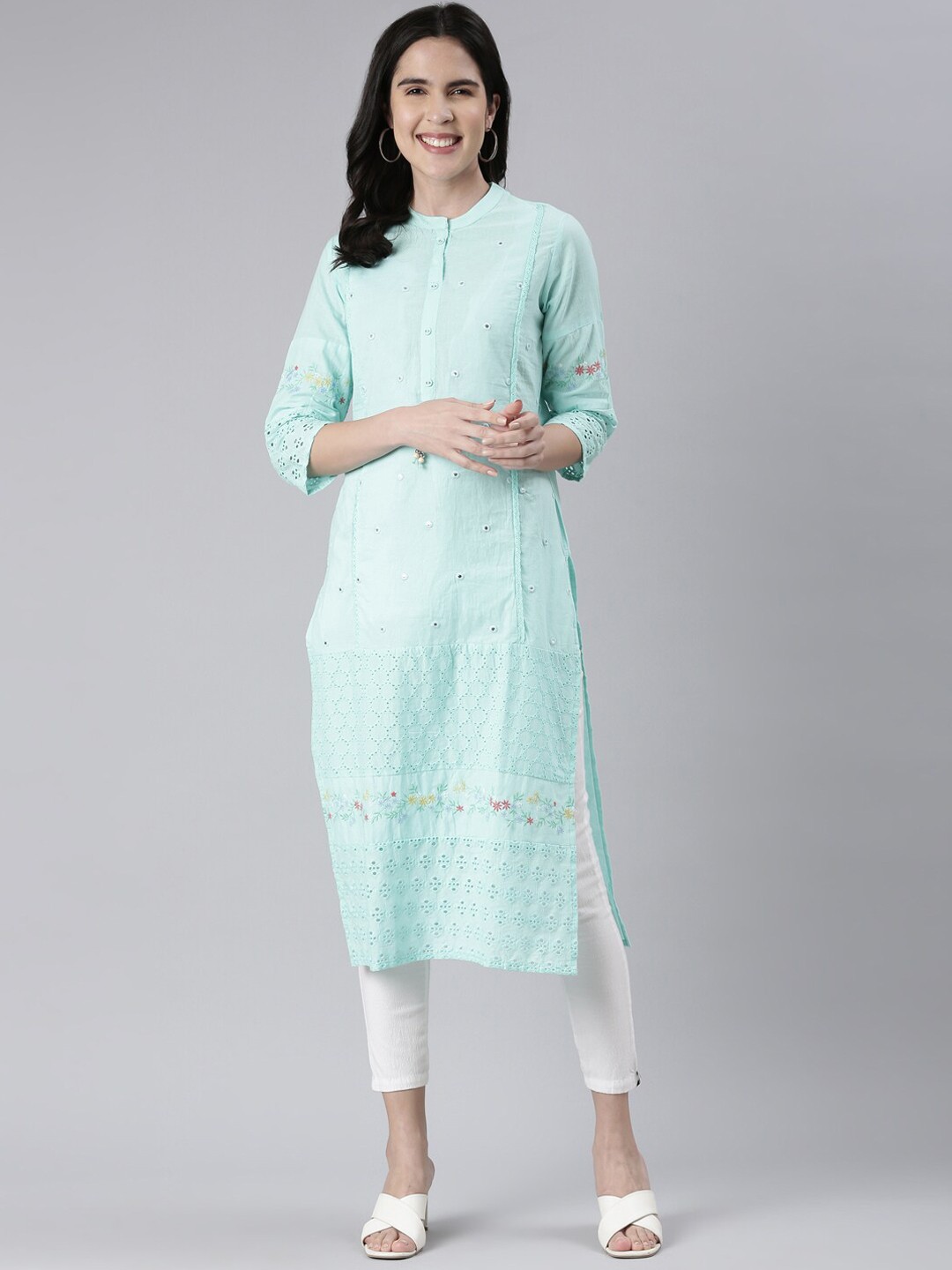 

Neerus Mirror Work Cotton Straight Kurta, Sea green