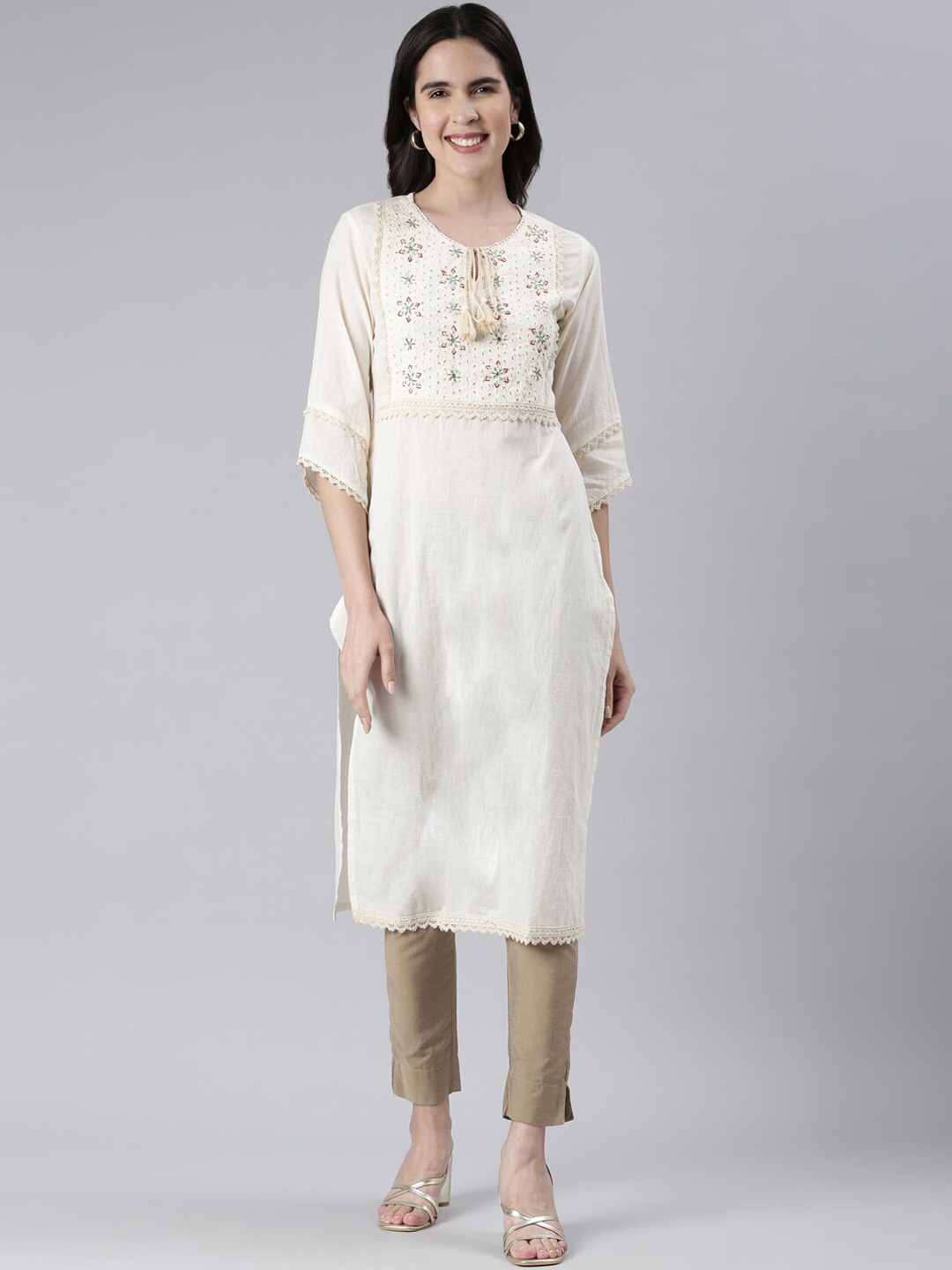 

Neerus Floral Yoke Design Thread Work Cotton Kurta, Cream