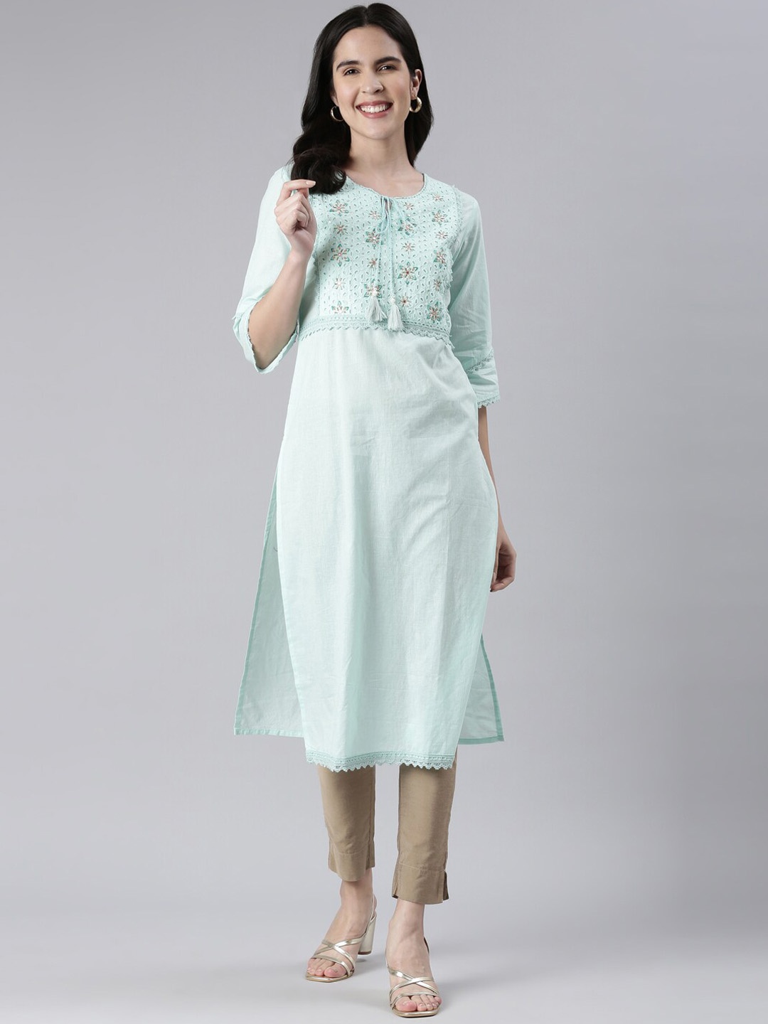 

Neerus Floral Yoke Design Thread Work Cotton Kurta, Sea green