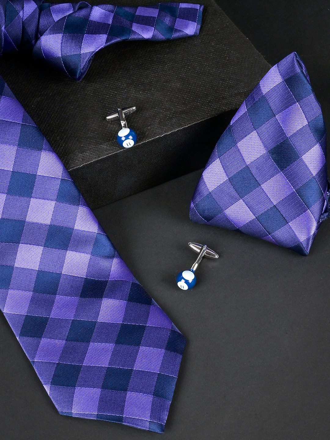 

Tistabene Men Checkered Micro Silk Necktie With Pocket Square & Cufflinks, Purple
