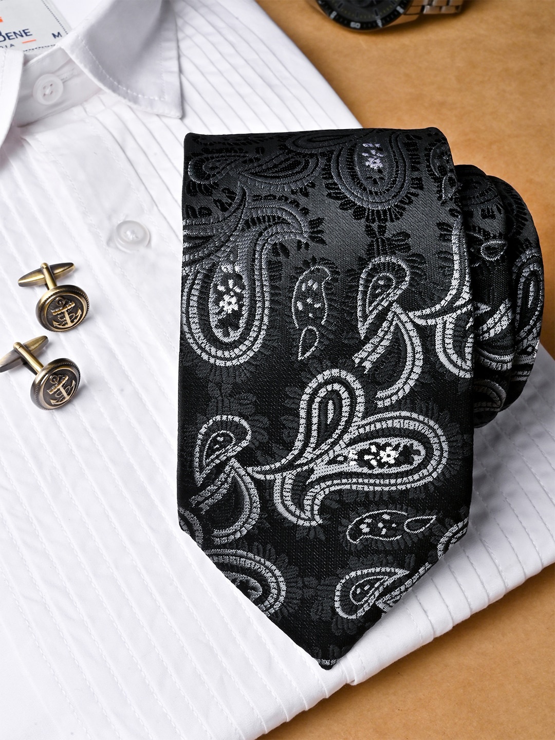 

Tistabene Men Paisley Printed Micro Silk Necktie With Pocket Square & Cufflinks Set, Black