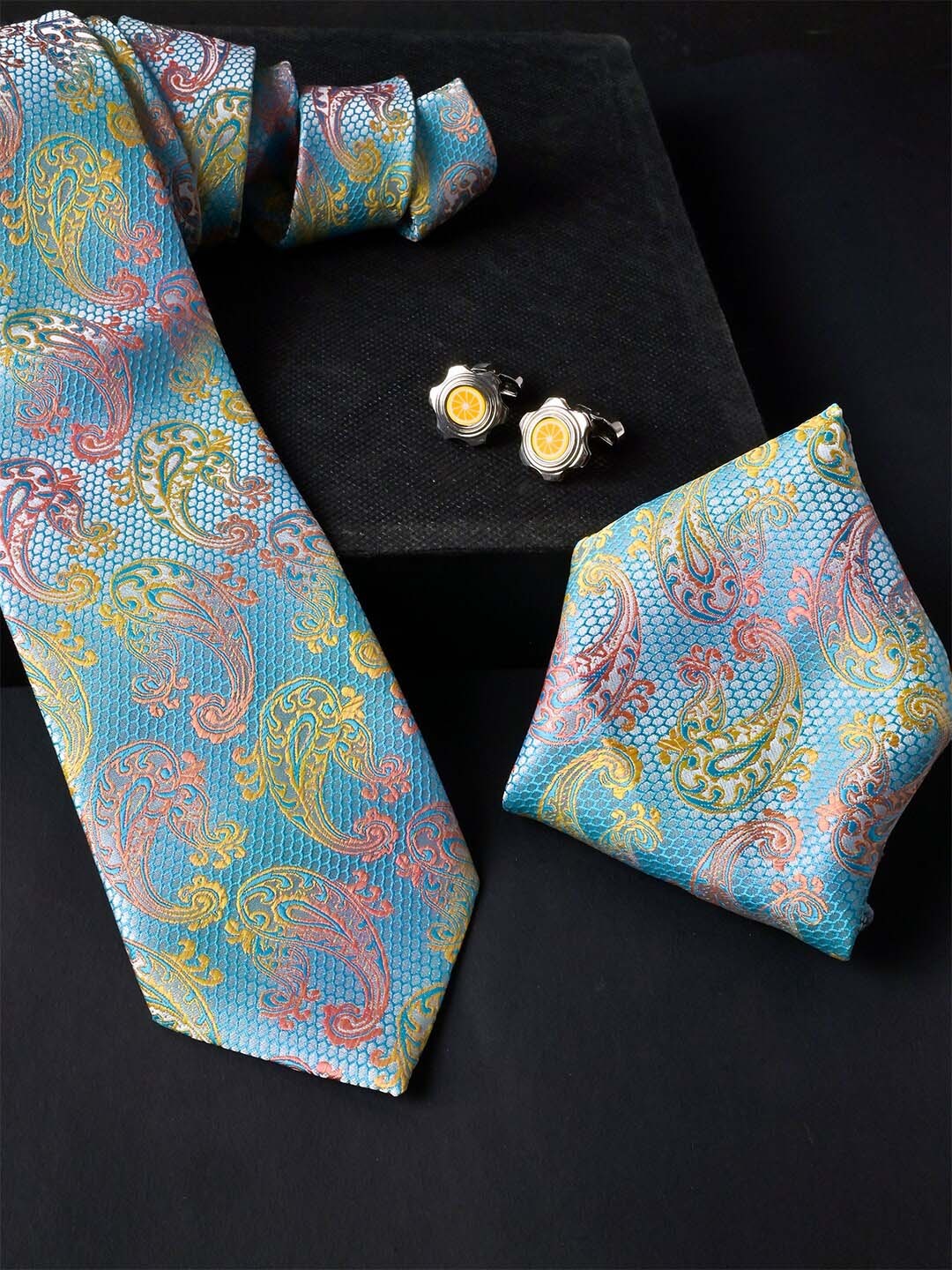 

Tistabene Men Paisley Micro Silk Necktie With Pocket Square & Cufflinks, Turquoise blue