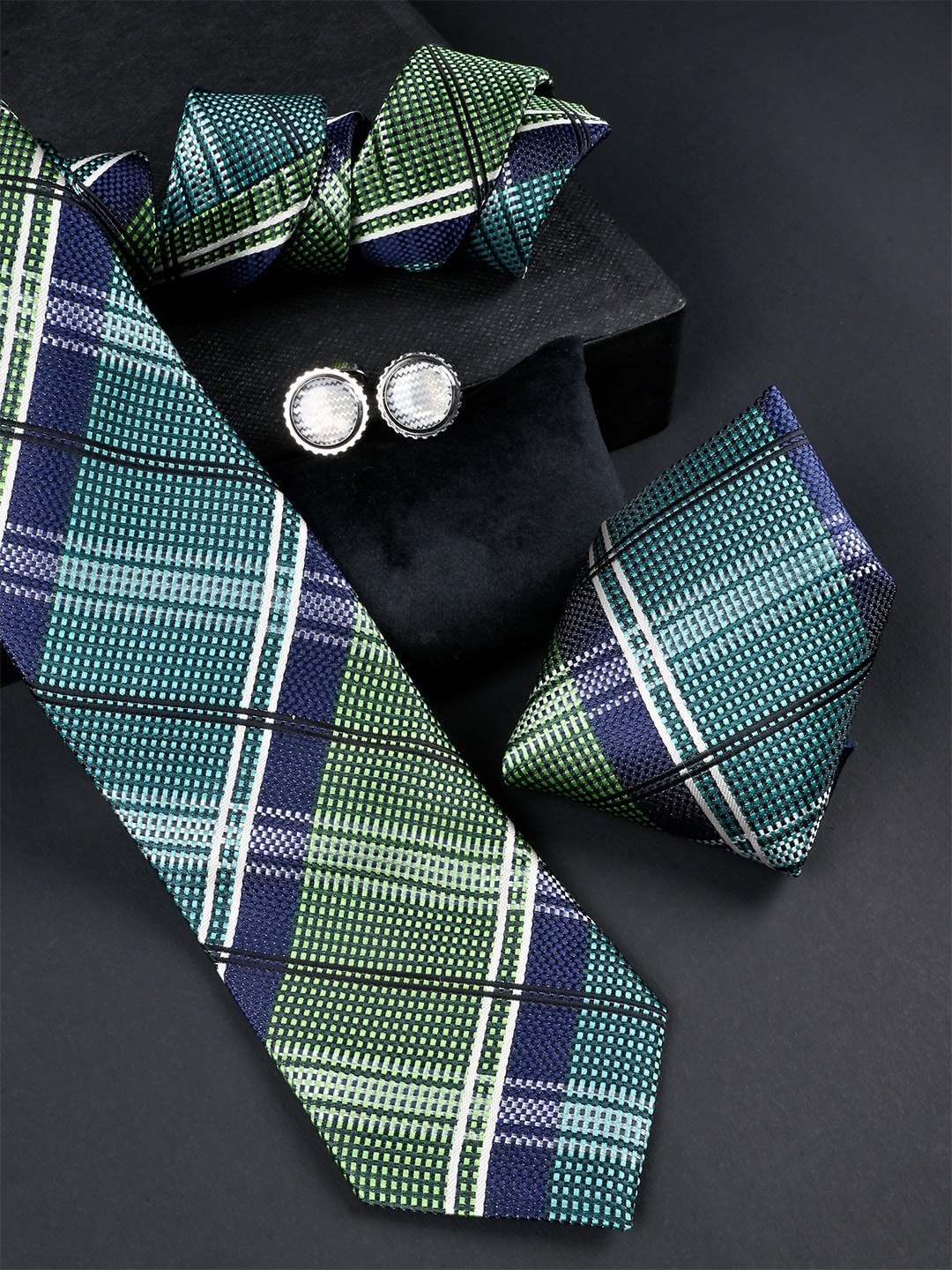 

Tistabene Men Checked Micro Silk Necktie With Pocket Square & Cufflinks Set, Green