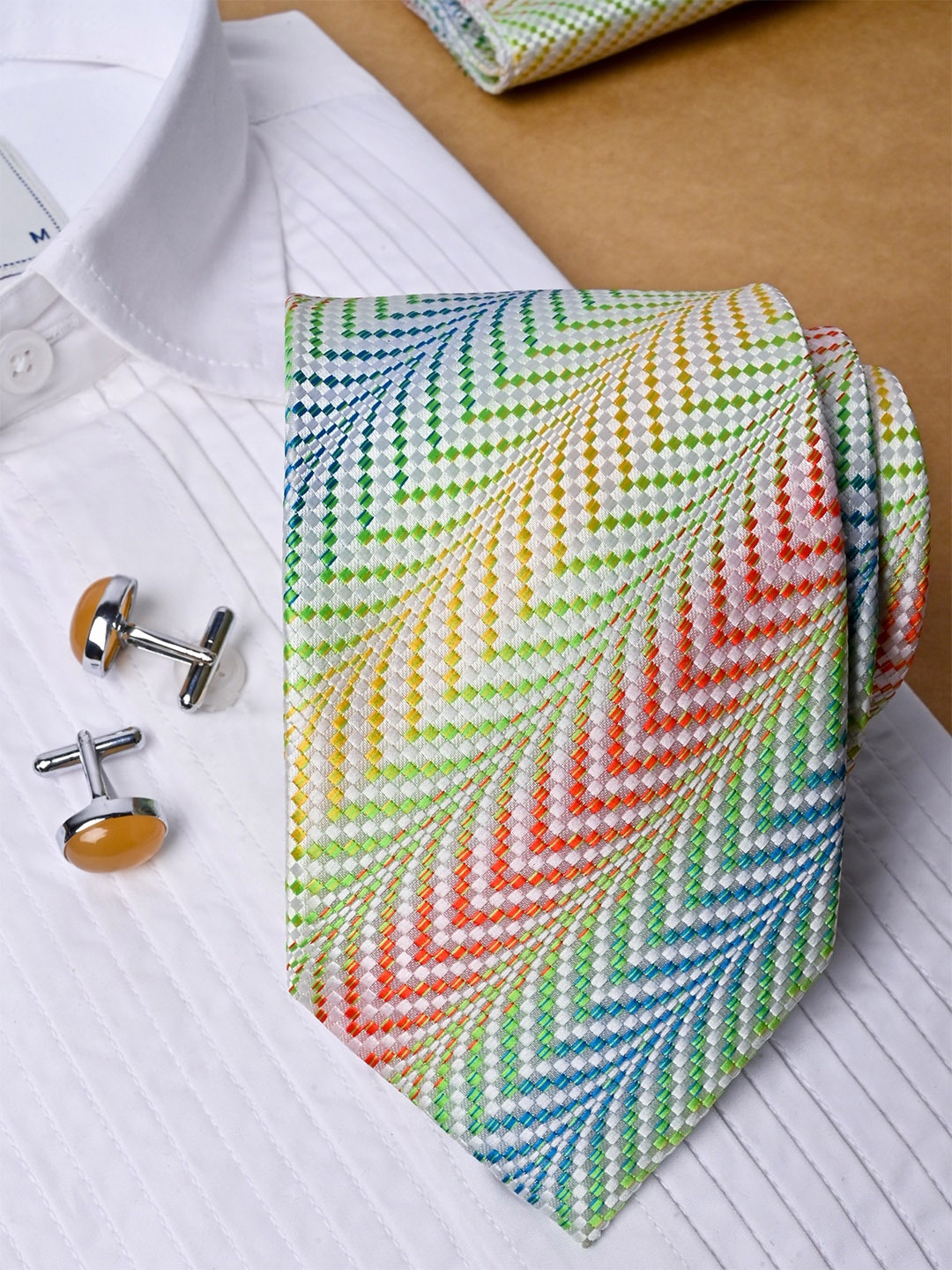 

Tistabene Men Woven Design Micro Silk Necktie With Pocket Square & Cufflinks, Green