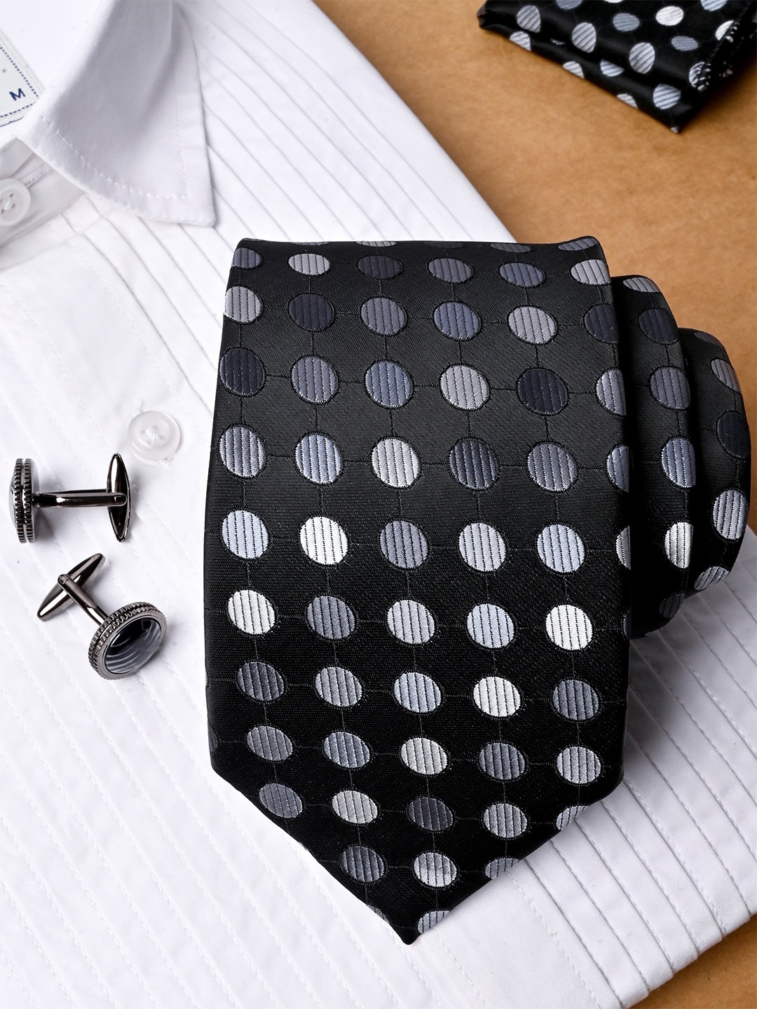 

Tistabene Men Polka Dots Woven Design Micro Silk Necktie With Pocket Square & Cufflinks, Black