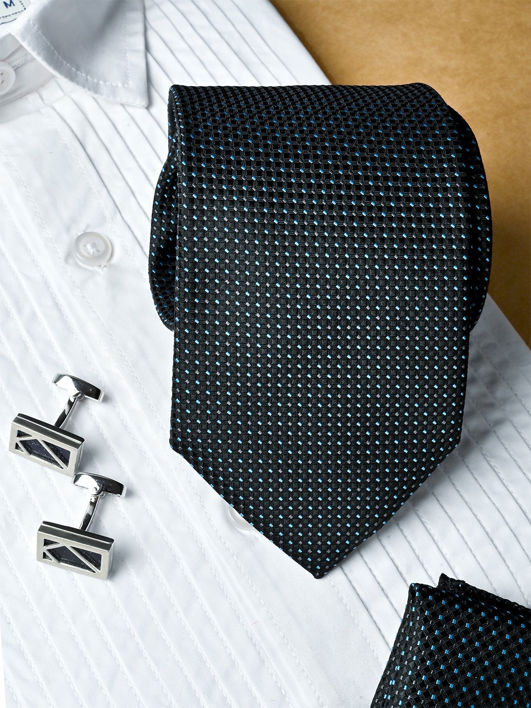 

Tistabene Men Polka Dots Micro Silk Necktie With Pocket Square & Cufflinks, Black