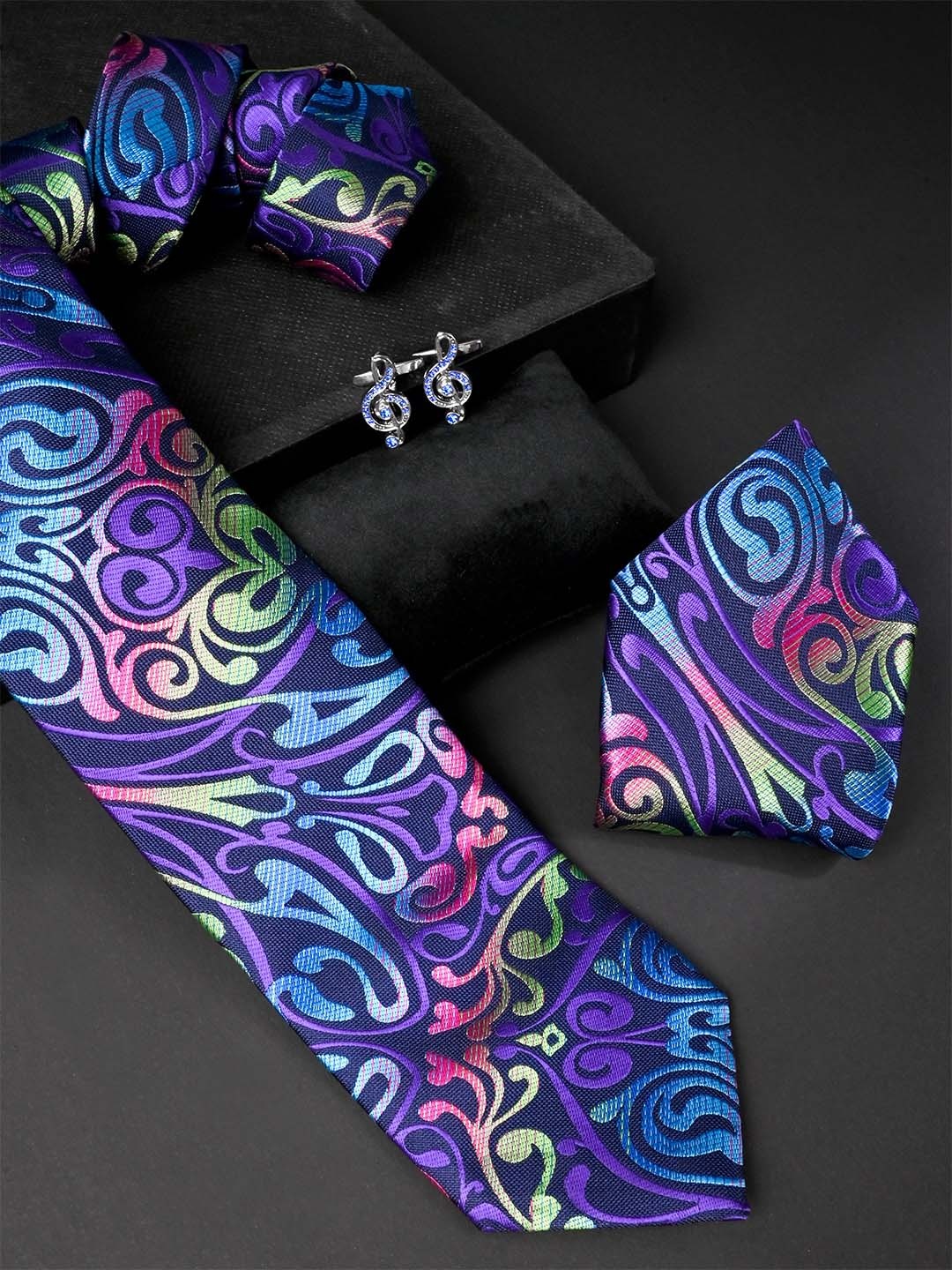 

Tistabene Men Paisley Printed Micro Silk Necktie with Pocket Square & Cufflinks Set, Blue