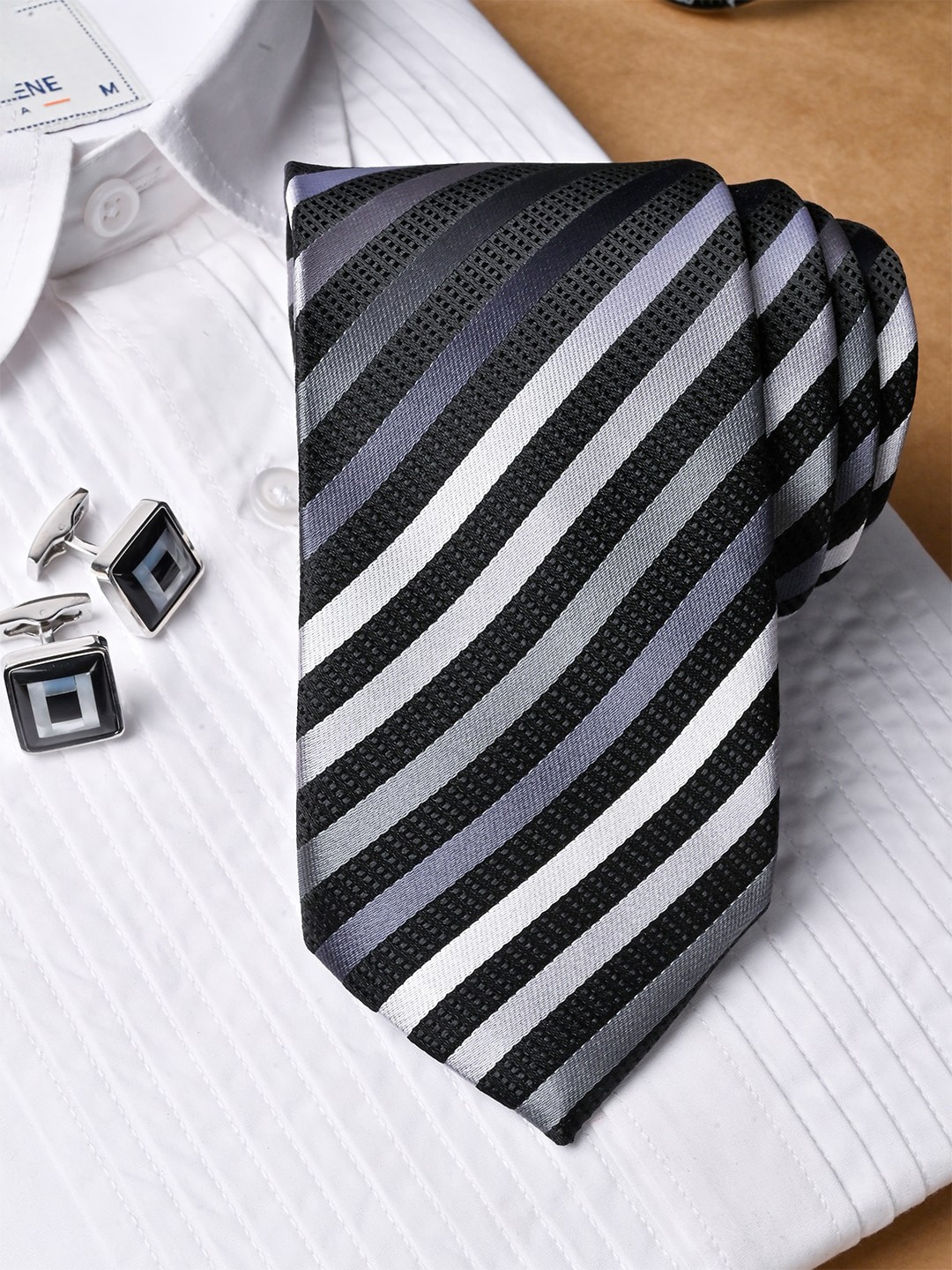 

Tistabene Men Striped Micro Silk Necktie with Pocket Square & Cufflinks Set, Black