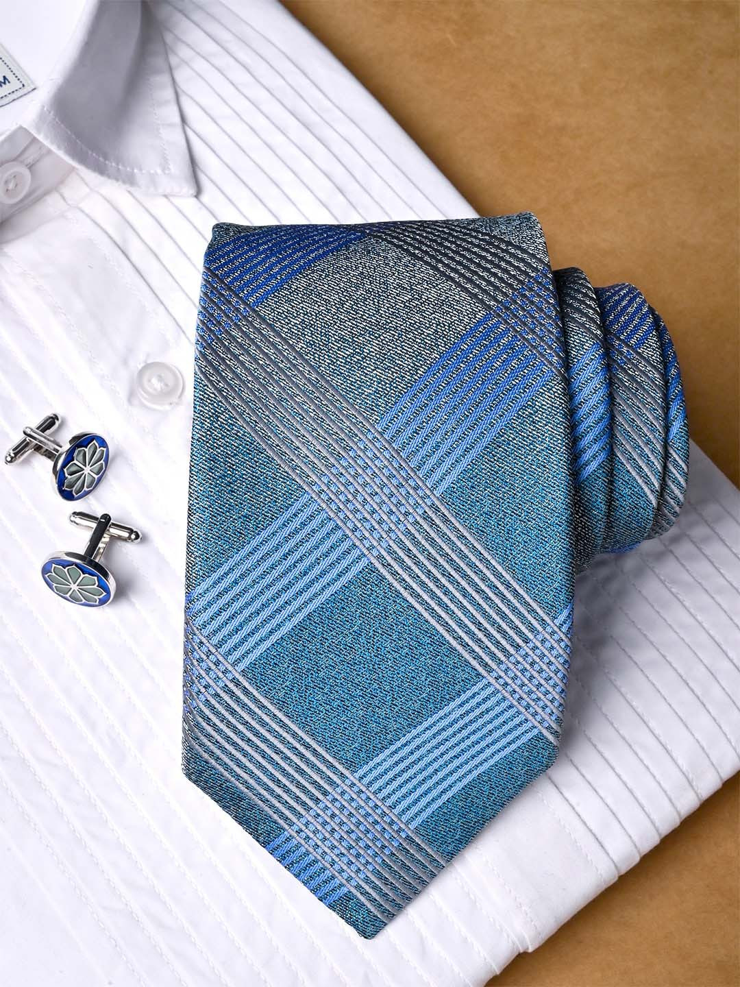 

Tistabene Men Checked Micro Silk Necktie with Pocket Square & Cufflinks Set, Blue