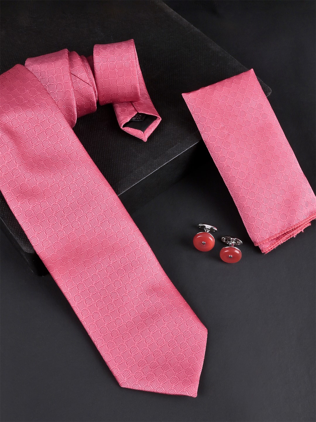

Tistabene Men Dobby Weave Micro Silk Necktie With Pocket Square & Cufflinks, Pink