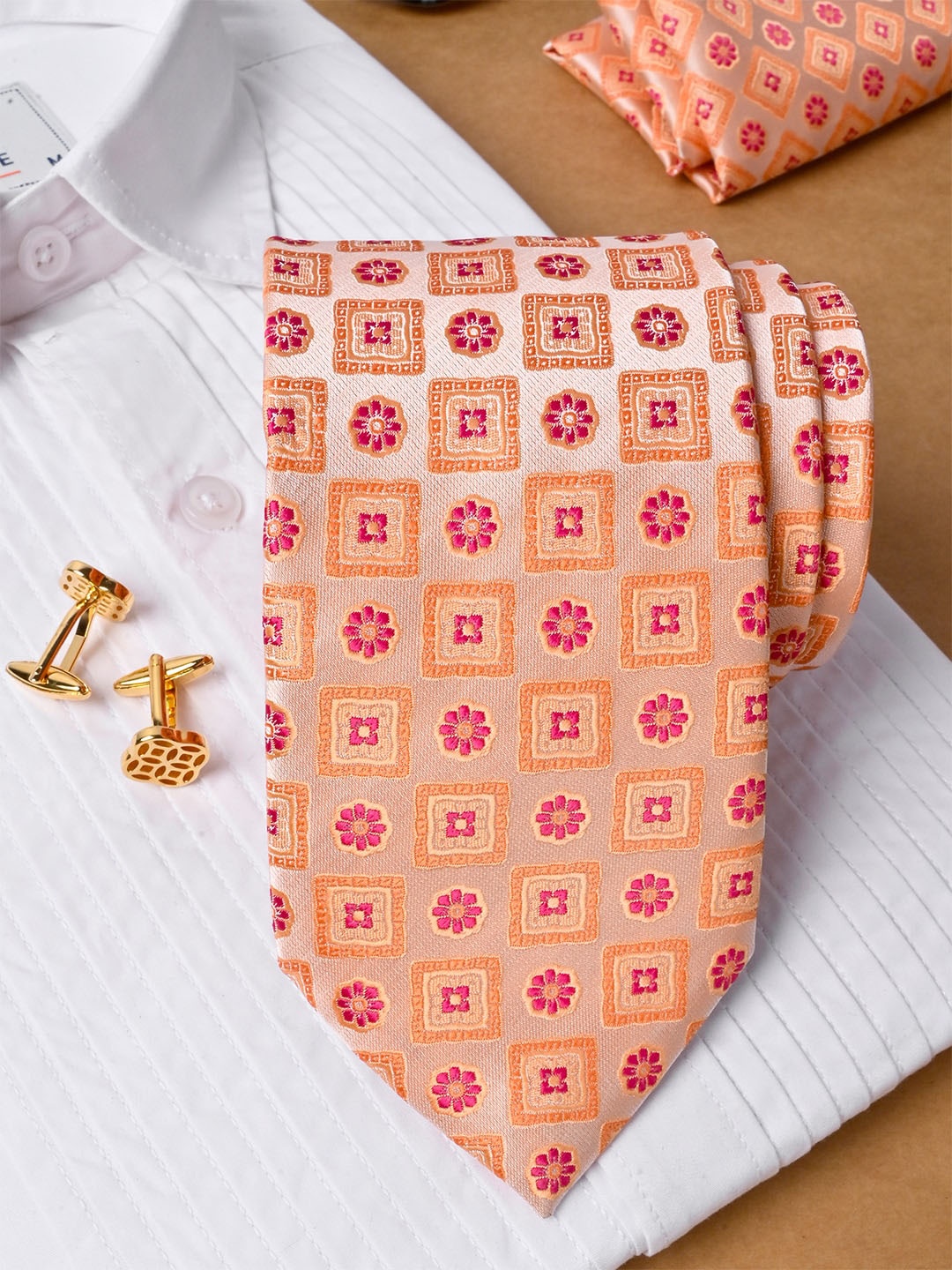 

Tistabene Men Floral Handwoven Micro Silk Necktie with Pocket Square & Cufflinks Set, Peach