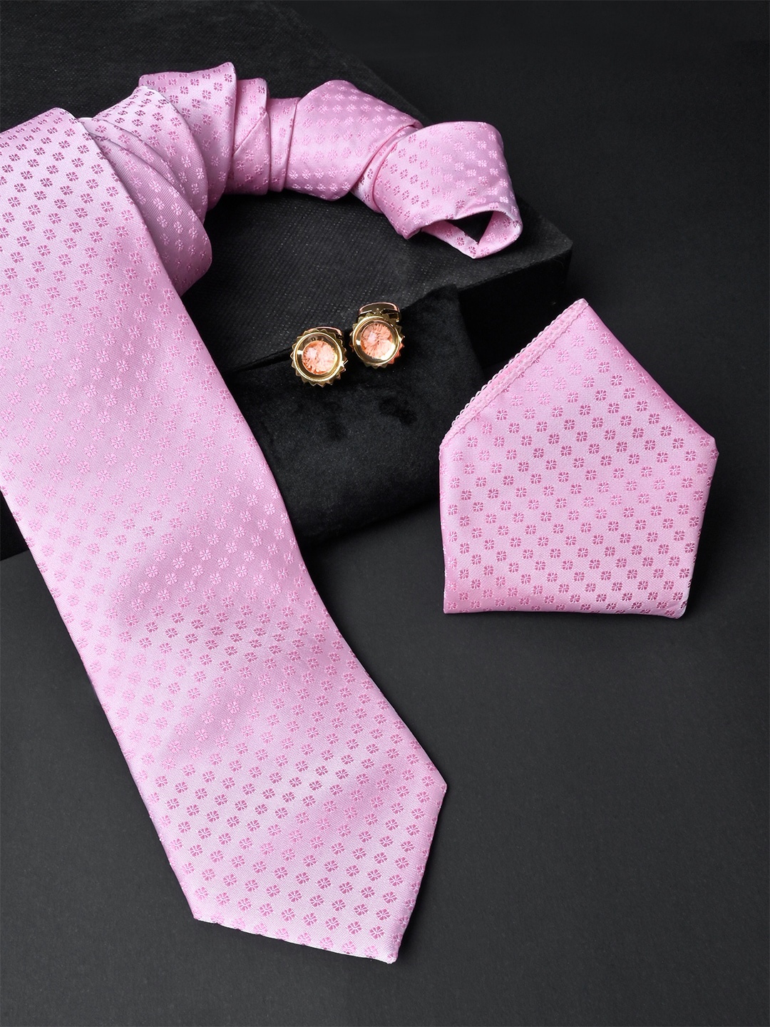 

Tistabene Men Floral Micro Silk Necktie With Pocket Square & Cufflinks, Pink