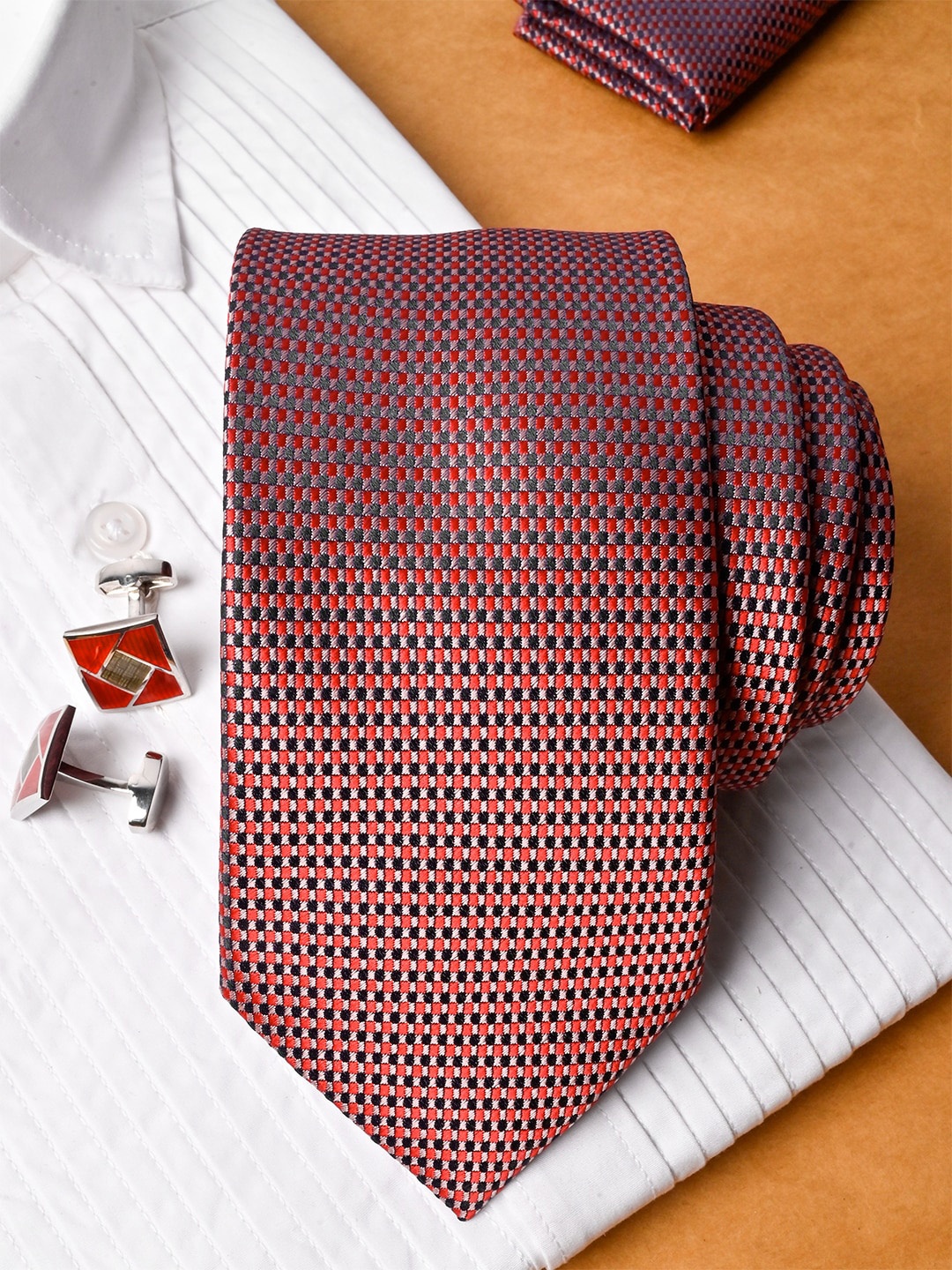 

Tistabene Men Checkered Micro Silk Necktie With Pocket Square & Cufflinks, Red