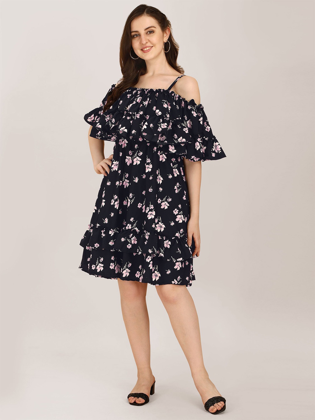 

Oomph! Floral Printed Cold Shoulder Ruffled A-line Dress, Black