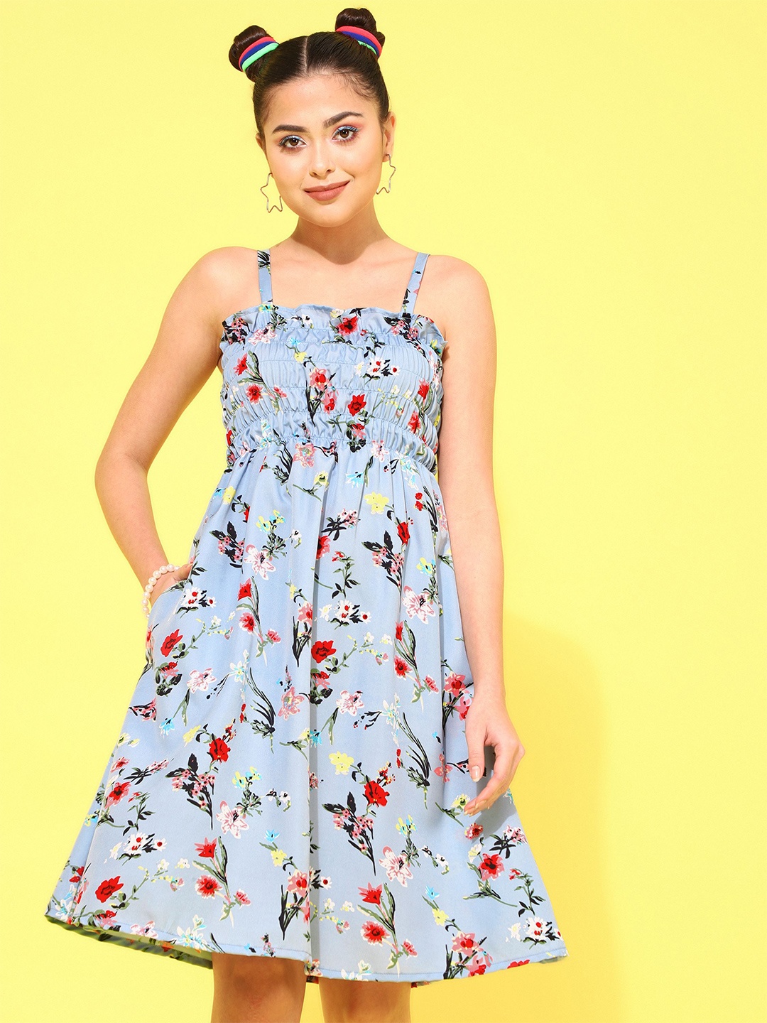 

Oomph! Floral Printed Shoulder Strap Fit & Flare Dress, Blue