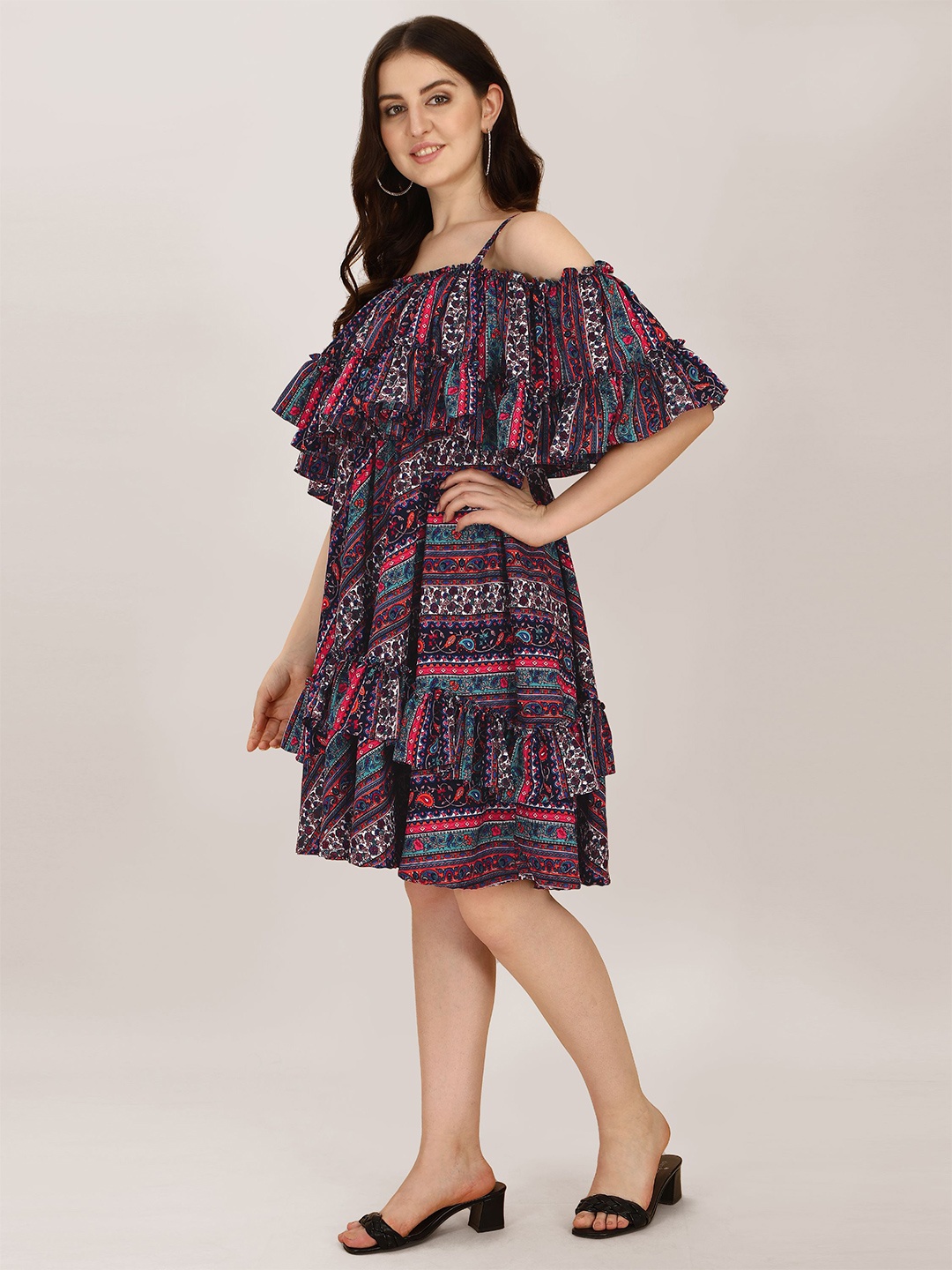 

Oomph! Ethnic Motifs Print Off-Shoulder Crepe Fit & Flare Dress, Navy blue