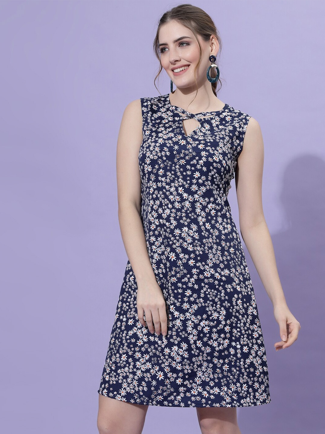 

Oomph! Floral Printed Keyhole Neck Sleeveless A-Line Dress, Navy blue