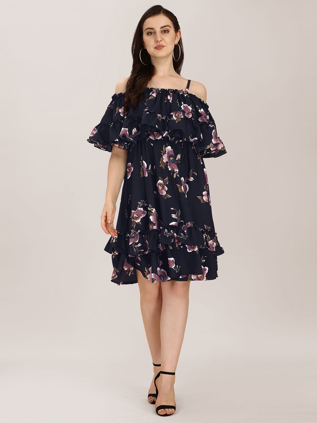 

Oomph! Floral Printed Off-Shoulder Fit & Flare Dress, Navy blue