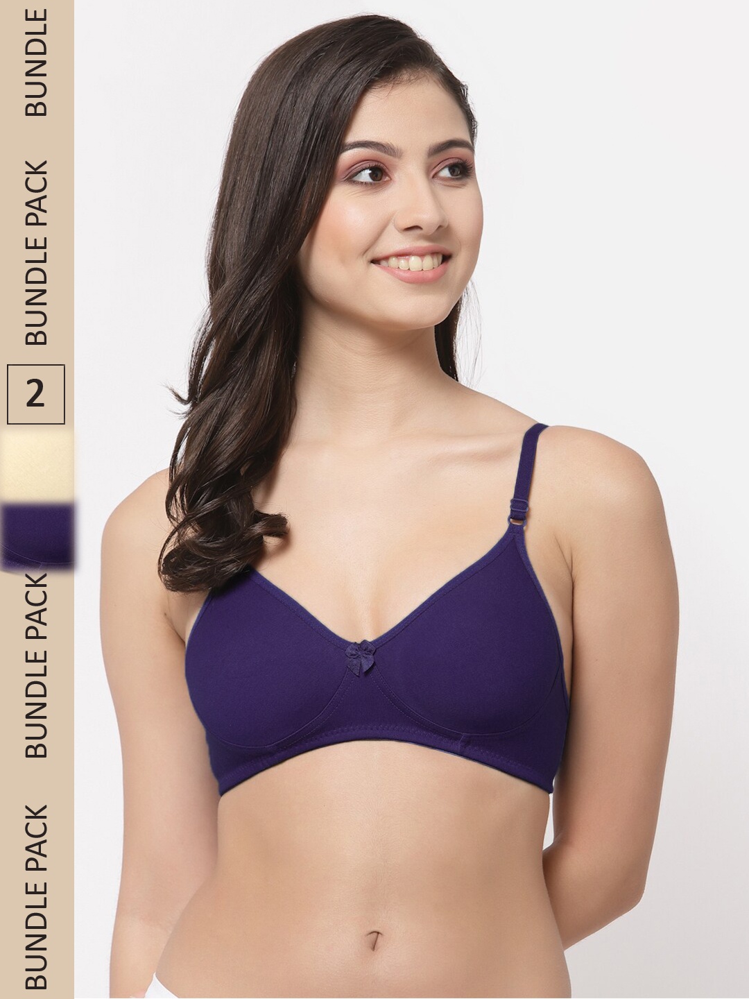

College Girl Pack of 2 Lightly Padded Non-Wired All Day Comfort Cotton T-shirt Bra, Navy blue
