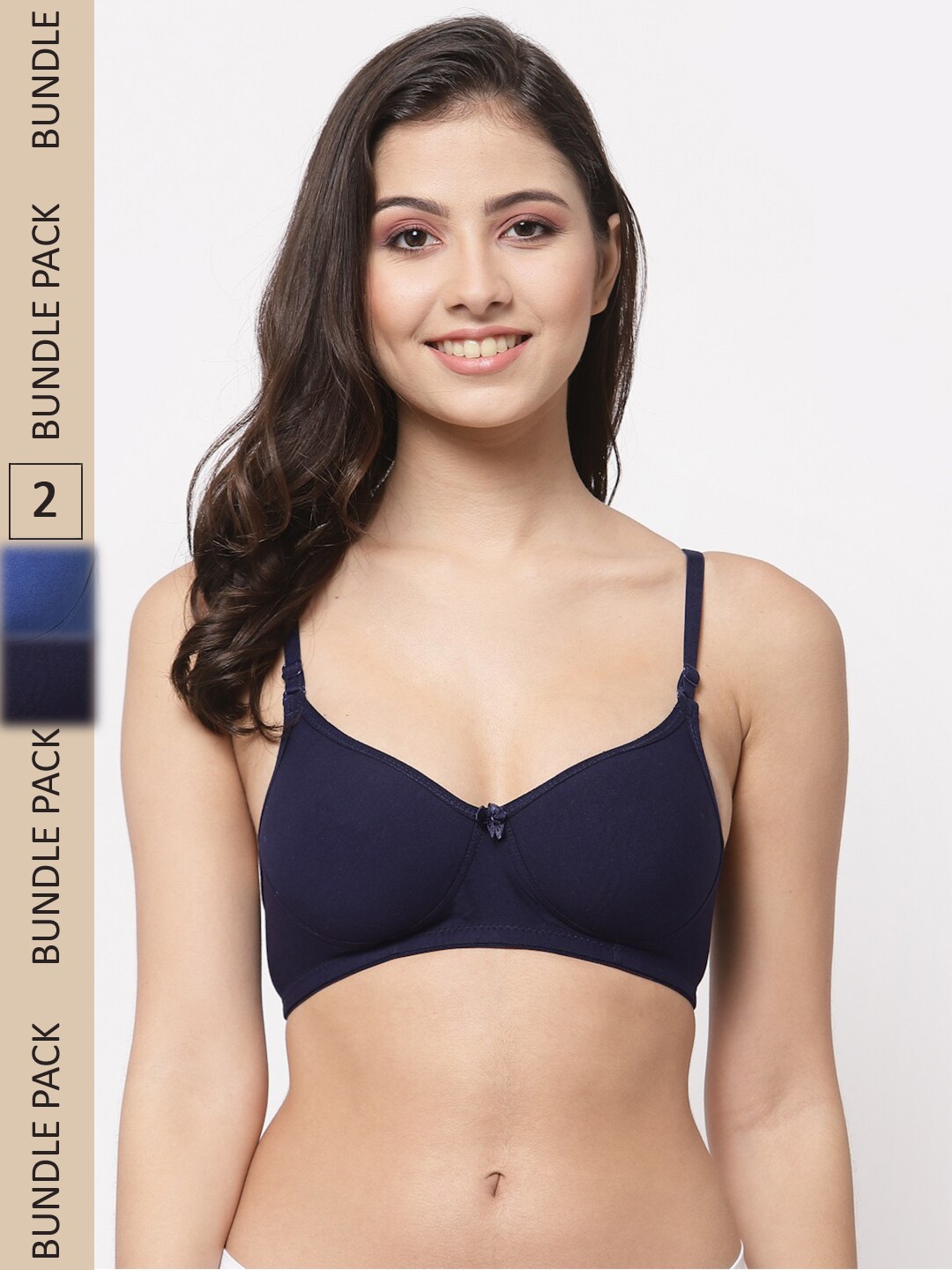 

College Girl Pack Of 2 Full Coverage Lightly Padded Non-Wired Seamless Cotton T-Shirt Bra, Navy blue