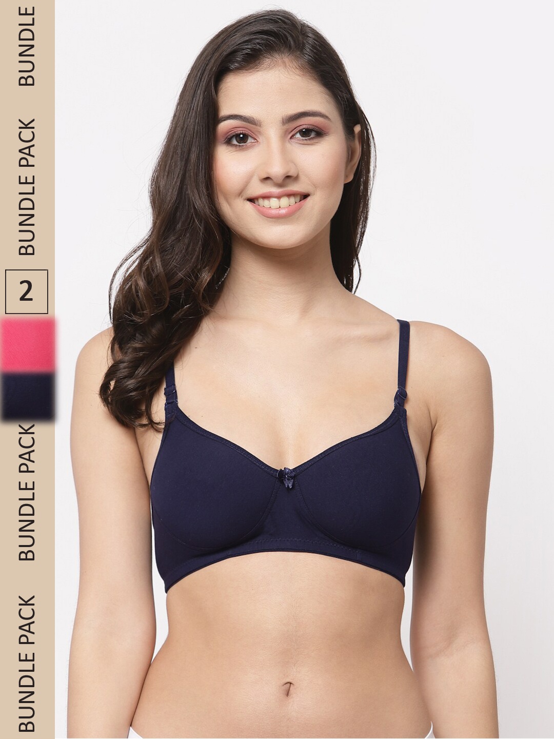 

College Girl Pack Of 2 Full Coverage Lightly Padded Non-Wired Seamless Cotton T-Shirt Bra, Navy blue