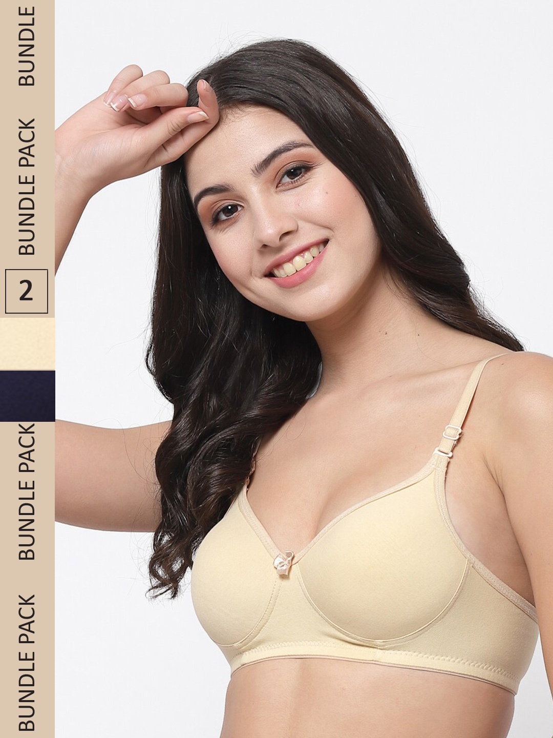 

College Girl Pack Of 2 Full Coverage Lightly Padded Non-Wired Seamless Cotton T-Shirt Bra, Navy blue