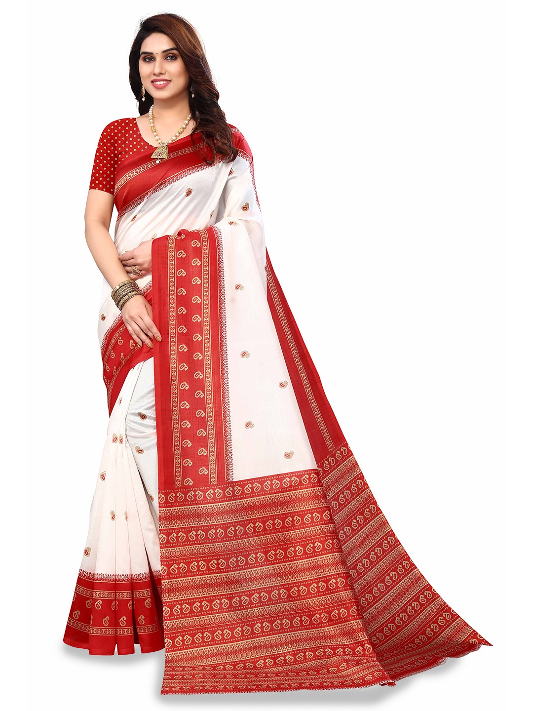 

Poshyaa Ethnic Motifs Printed Mysore Silk Saree, Red