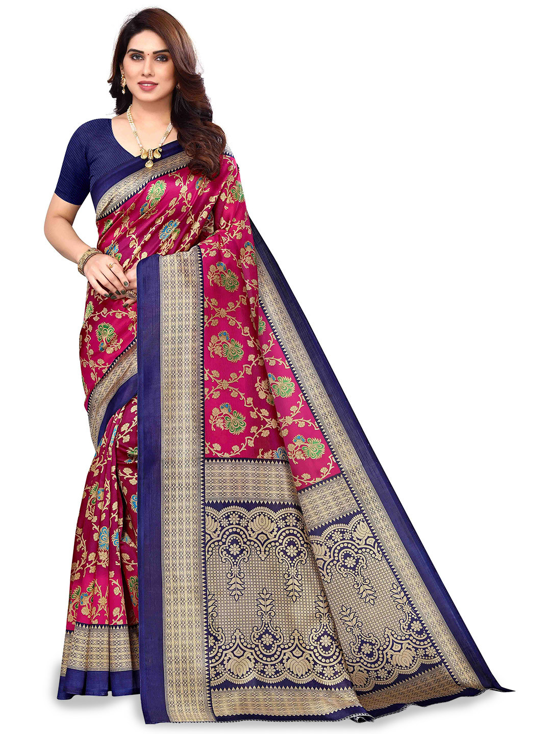 

Poshyaa Blue Floral Art Silk Mysore Silk Saree With Blouse Piece, Pink