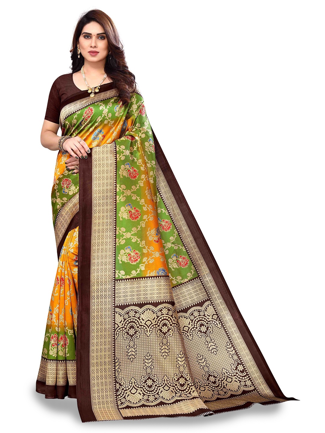 

Poshyaa Floral Printed Mysore Silk Saree, Orange