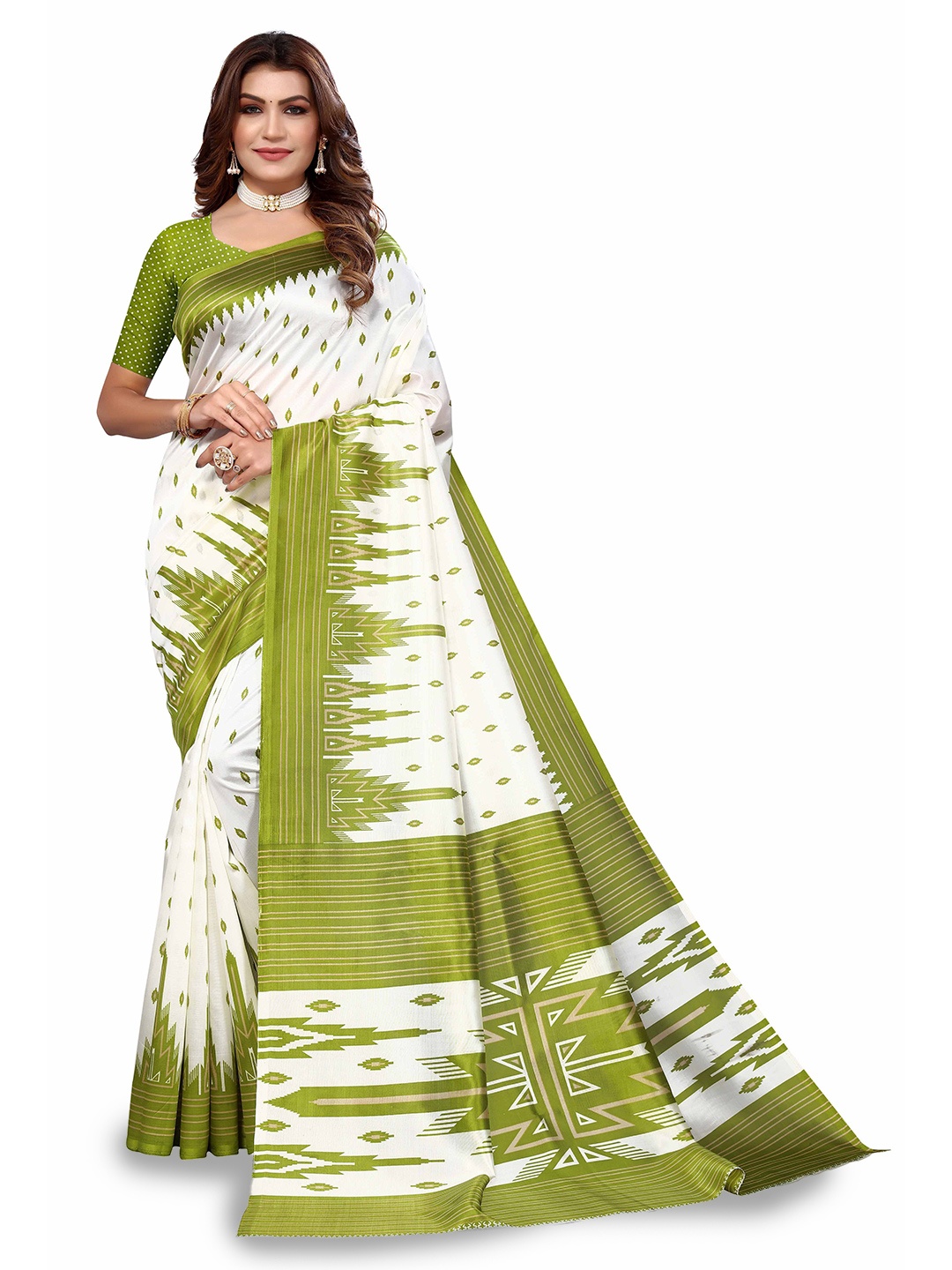 

Poshyaa Ethnic Motifs Printed Art Silk Mysore Silk Saree, White