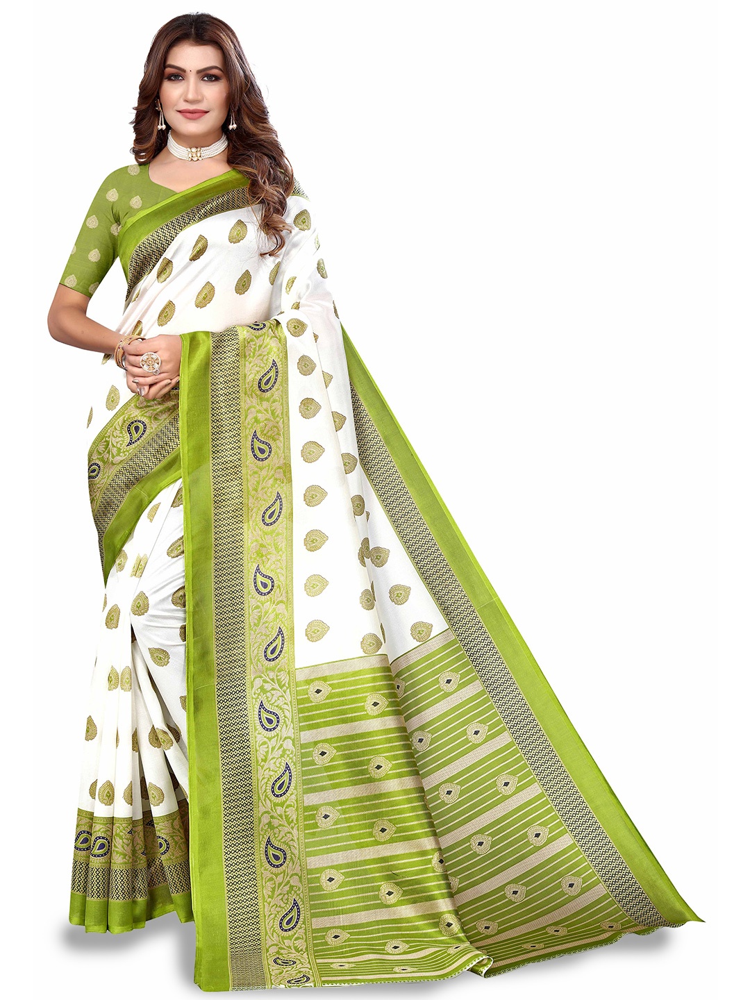 

Poshyaa Ethnic Printed Mysore Silk Saree, Green