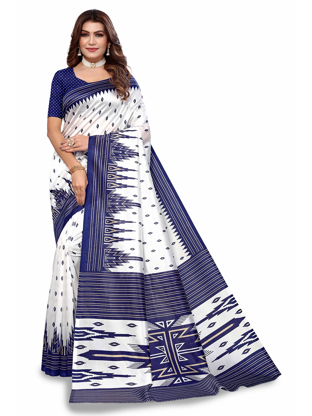 

Poshyaa Geometric Printed Mysore Silk Saree, Navy blue