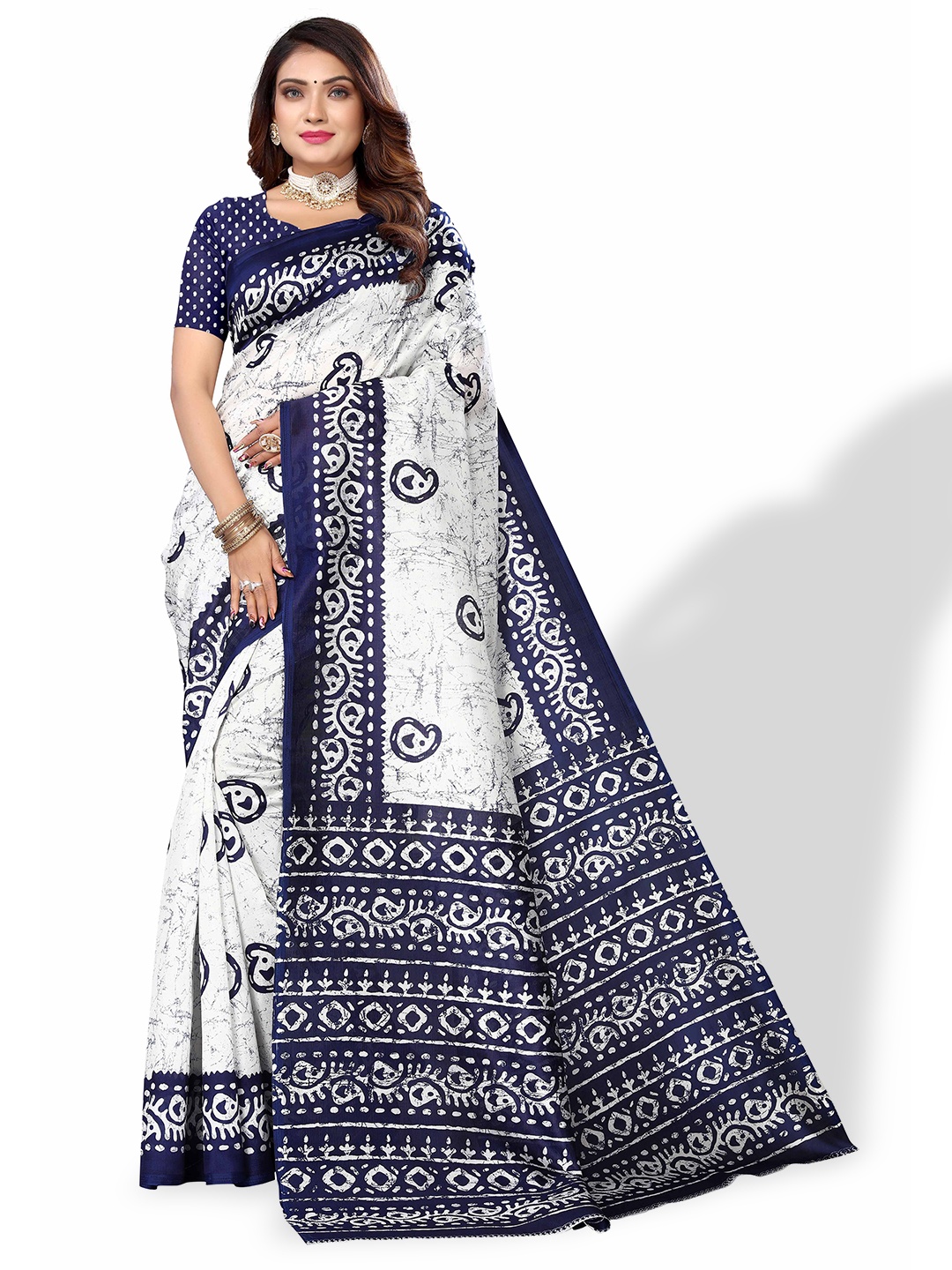 

Poshyaa Ethnic Motifs Printed Art Silk Mysore Silk Saree, White